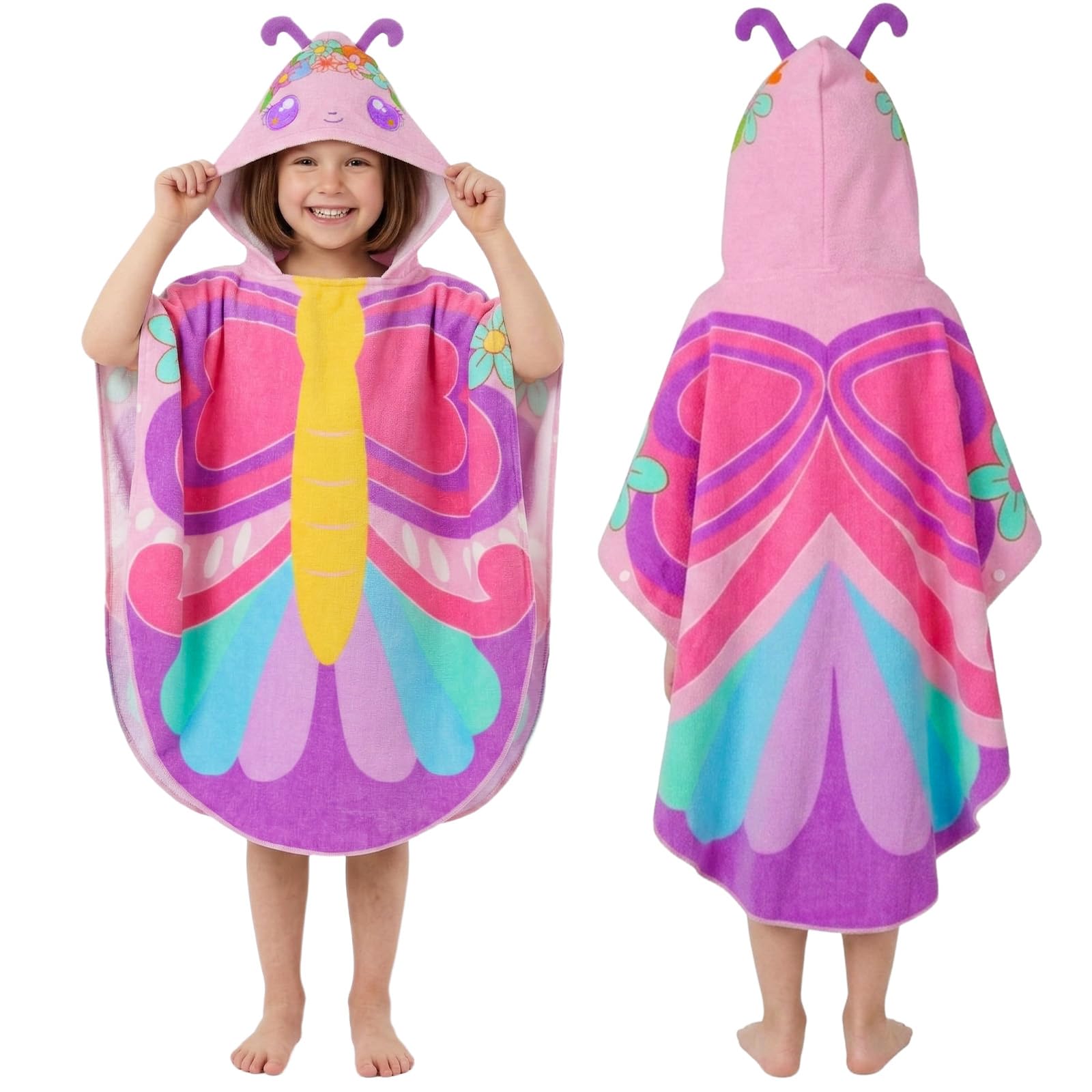 PinkSheep Hooded Towels for Kids, Kid Towel Poncho, 100% Cotton Swimming Towels for Kids, 75x140 cm Beach Towel for Pool Bath Swim Girls Boys Age 3-6 Years (Butterfly)