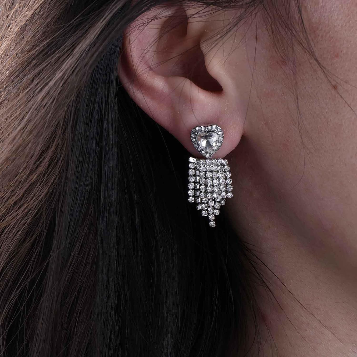 Vintage Rhinestone Chain Tassel Earrings Silver Tennis Chain Earrings Crystal Cz Heart Ear Jacket Earrings Wedding Crystal Chandelier Earrings Jewelry for Women - Image 2