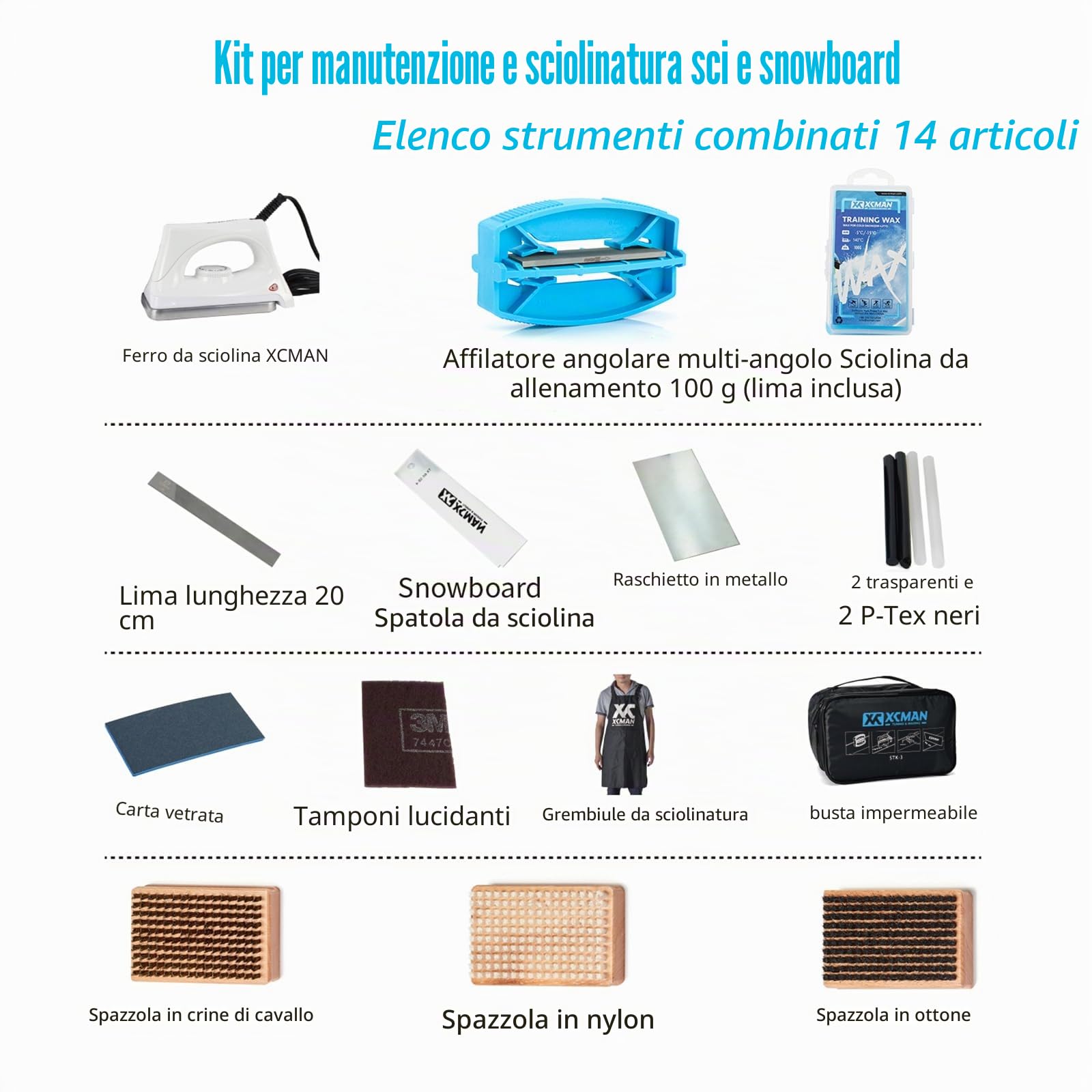 XCMAN Kit Completo per la Messa a Punto e la sciolinatura di Sci e Snowboard con Ferro per sciolinatura, Cera Universale, accordatore per Bordi, Spazzola, Raschietto per Cera, Ptex