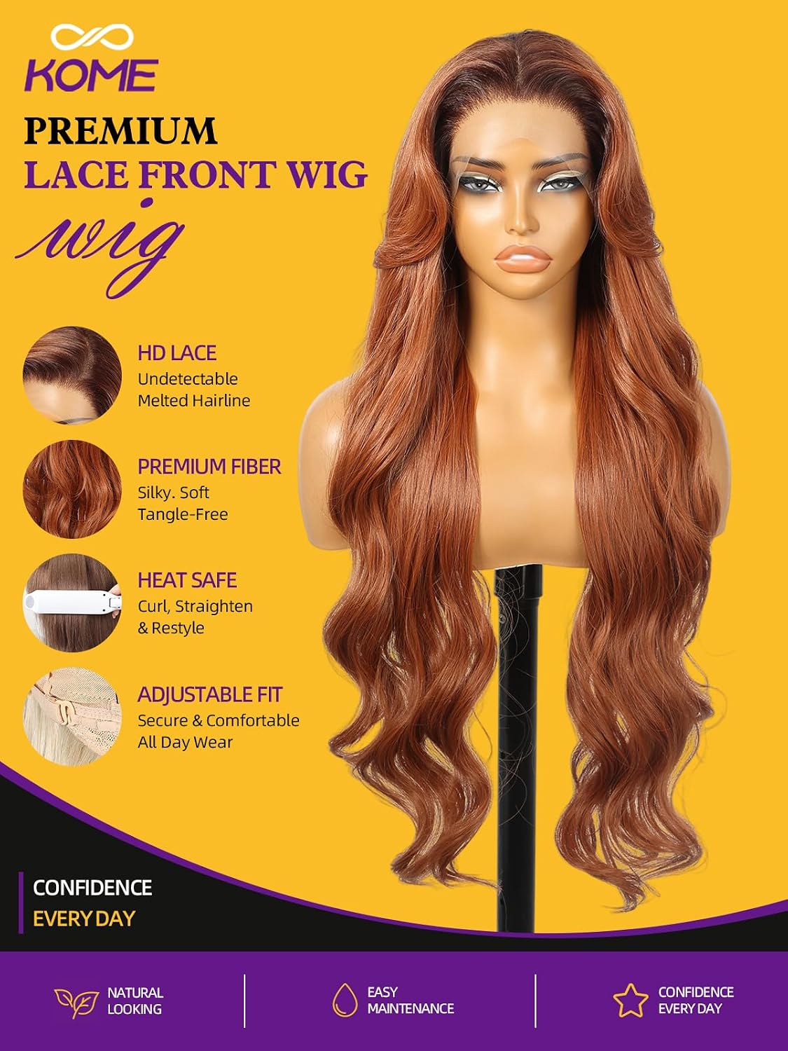 KOME Auburn Synthetic Lace Front Wig,13x4 HD Lace Glueless Long Body Wavy Curly Wigs for Women Daily Party Use 30IN(#F8/27/88)