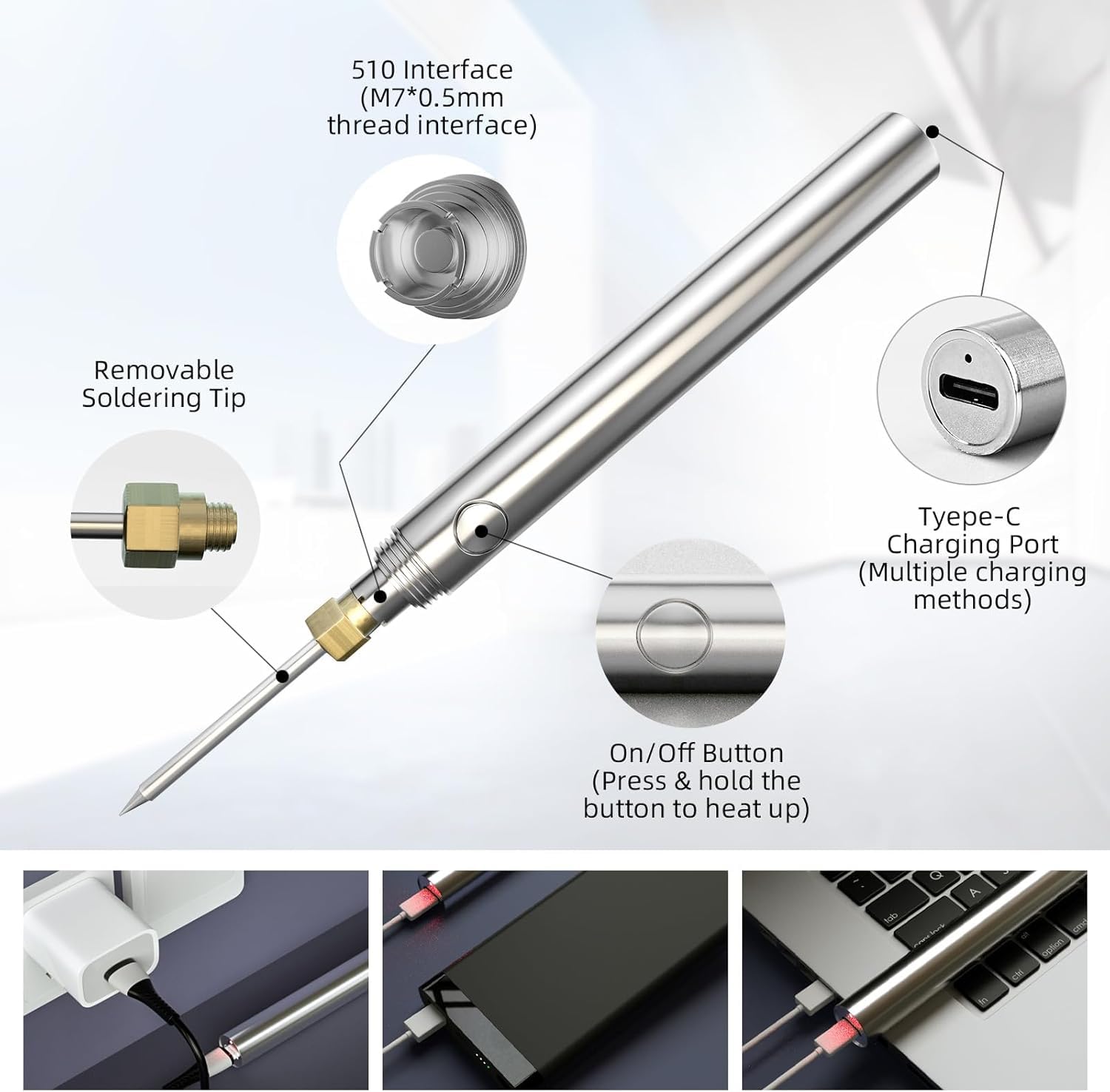 Fer à Souder Sans Fil électrique,15w Kit de Fer A Souder Usb Rechargeable Soldering Iron Avec Température Réglable de 200℃-450℃,Chargement Possible Pendant l'utilisation, Interface 510
