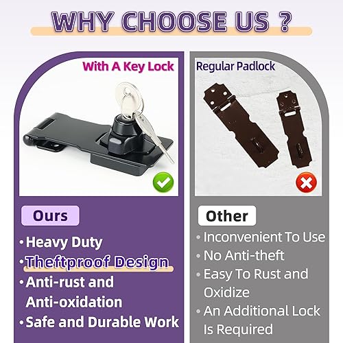 Miniatura 7 de Alise Cerradura de cerrojo, cerradura de bisagra de puerta con llaves, cierre de cierre negro, cerraduras para puertas, pestillos de pecho de 4