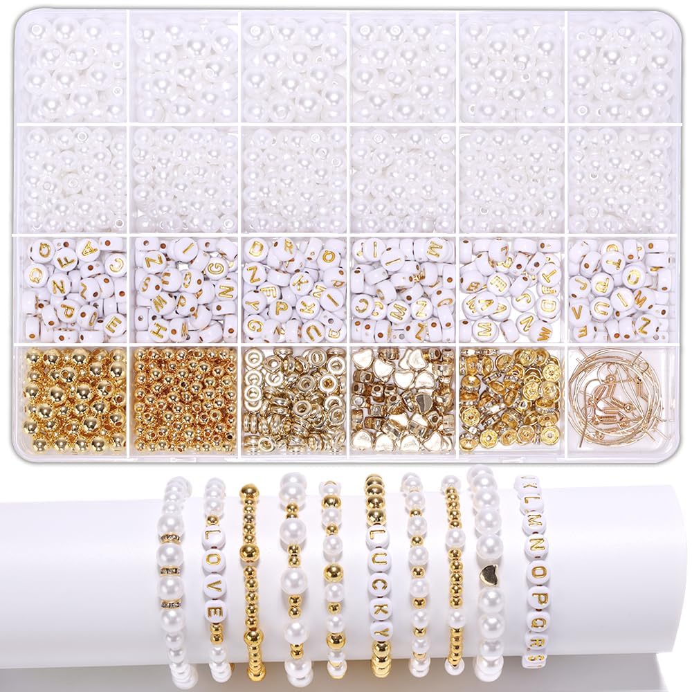ELECDON Pearl Beads for Bracelet Making Kit, DIY Pearl Beads and Gold Spacer Beads for Adults Charms Small Smooth Round Disc String Crystal Beads for DIY Craft Making Jewelry Bracelet for Girls Gift