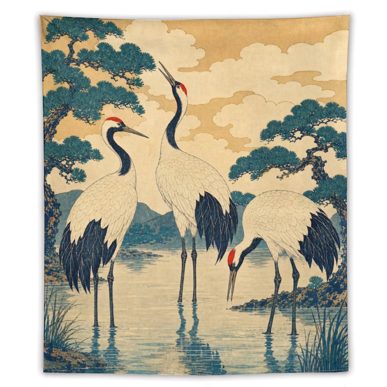 H3B8U2Y5 Cranes in Water Wall Tapestry, Ukiyo-e Style, Sofa Area