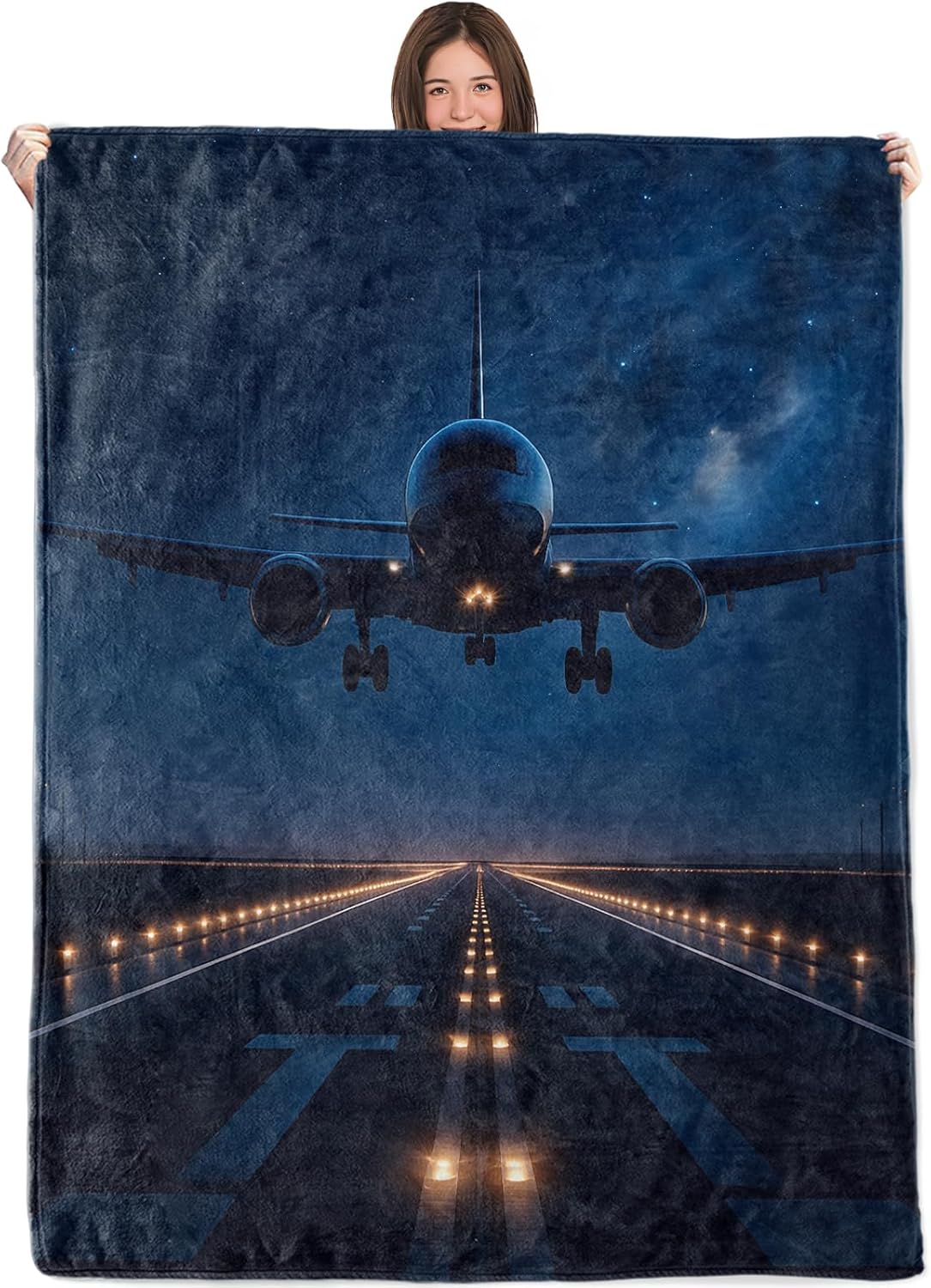 Wicked Airplane Blanket,50x60in,Cozy Flannel Throw with Majestic Night Landing Starry Sky Aviation Design,Soft Lightweight Gifts Blankets for Pilot Traveler,Sofa Bed Travel Living Room Cool Decor