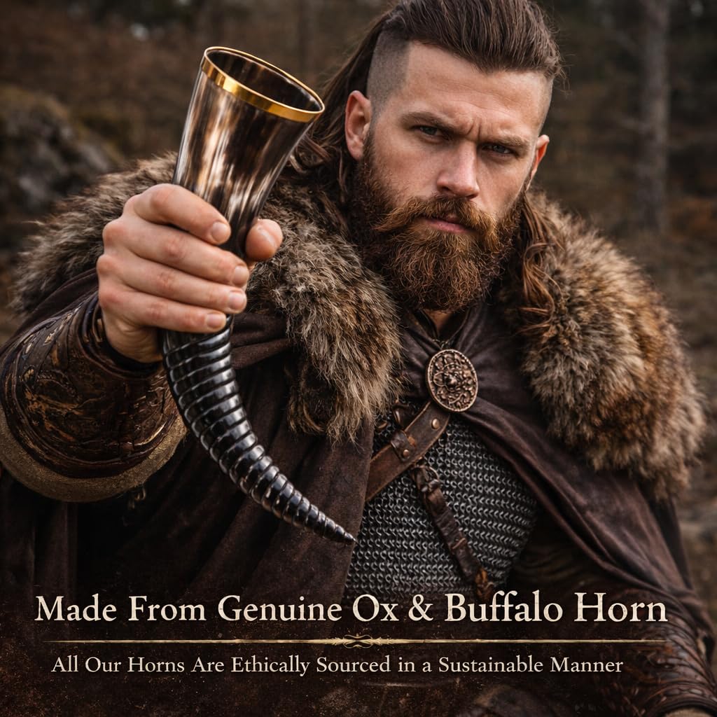 cuerno auténtico de cerveza vikingo con soporte de hierro | Cuerno de Cerveza Medieval de 450-500 ml | Bolsa de regalo de tela incluida (Swirl Horn & Swirl Horn Opener)