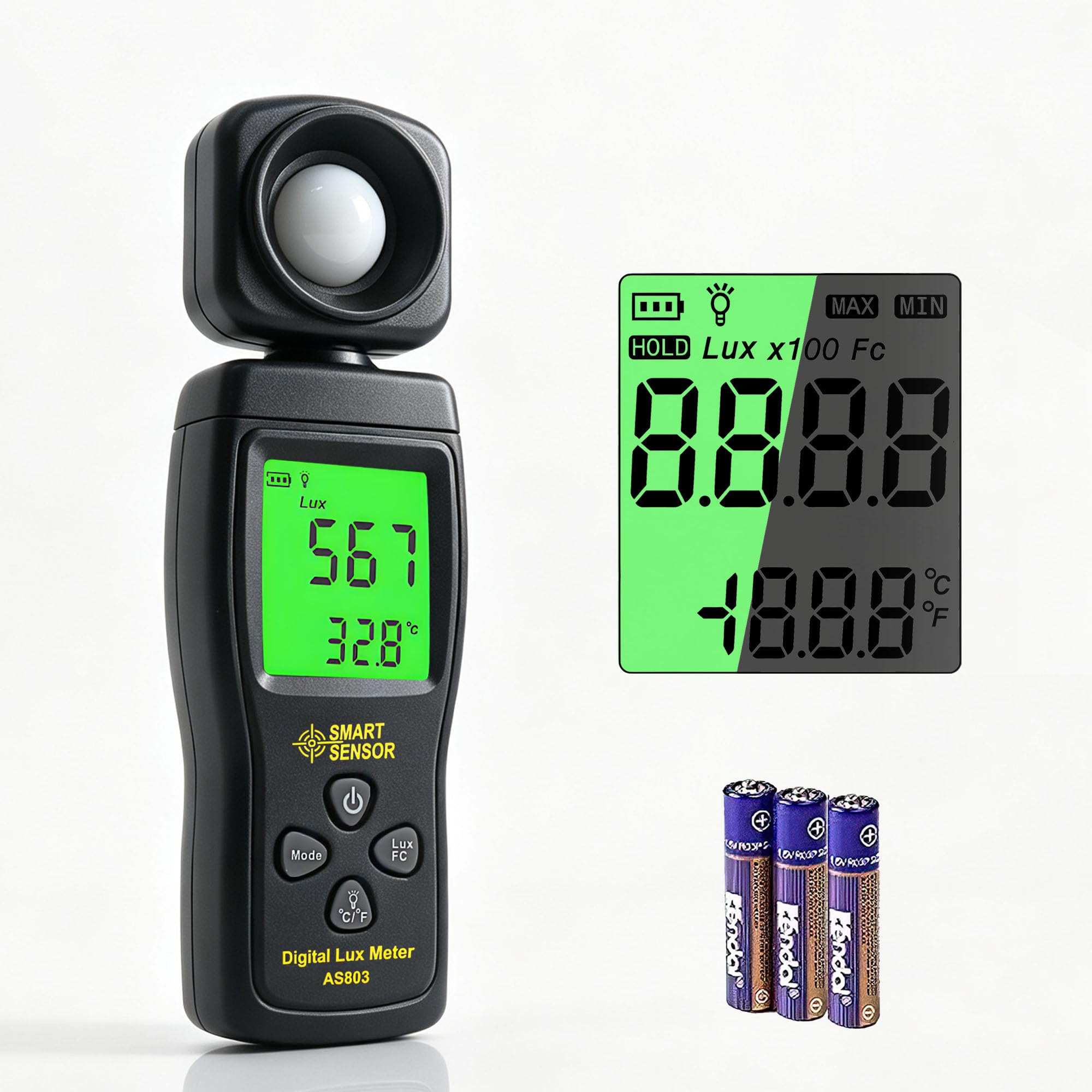 digital light meter, backlit lcd display lux/foot candles meter with 180º rotating sensor, range up to 200,000 lux luxmeter,for photography plants lighting intensity brightness measurement