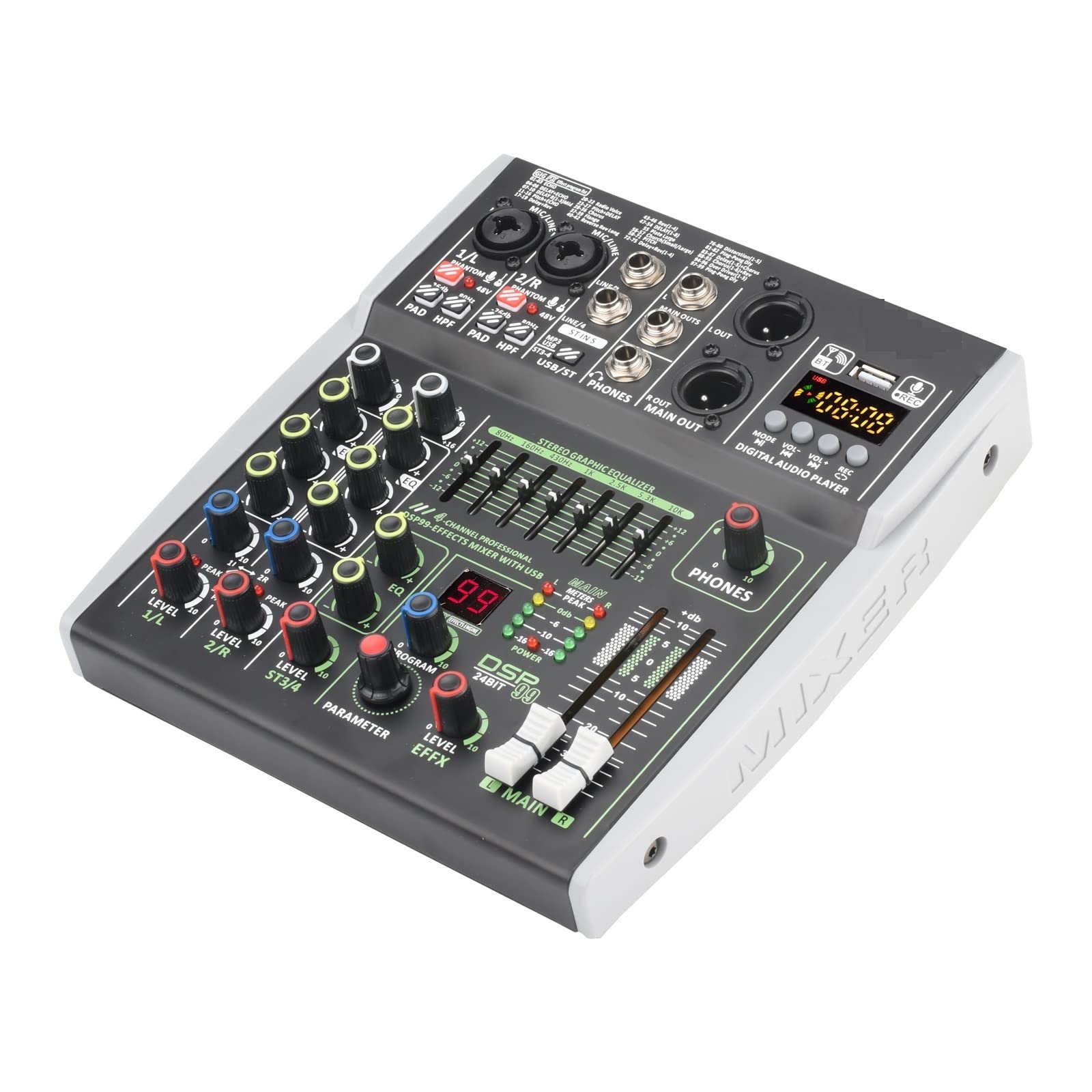 Mezclador de DJ, Mini consola mezcladora de 4 canales Individual +48V 99 DSP Efectos USB Ordenador Mezclador de reproducción y grabación, Decks de DJ