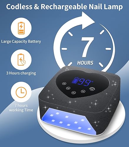 Miniatura 10 de Luz UV para uñas, lámpara UV inalámbrica para uñas de gel de 72 W, secadora de uñas LED de diamante recargable con 5 ajustes de temporizador,