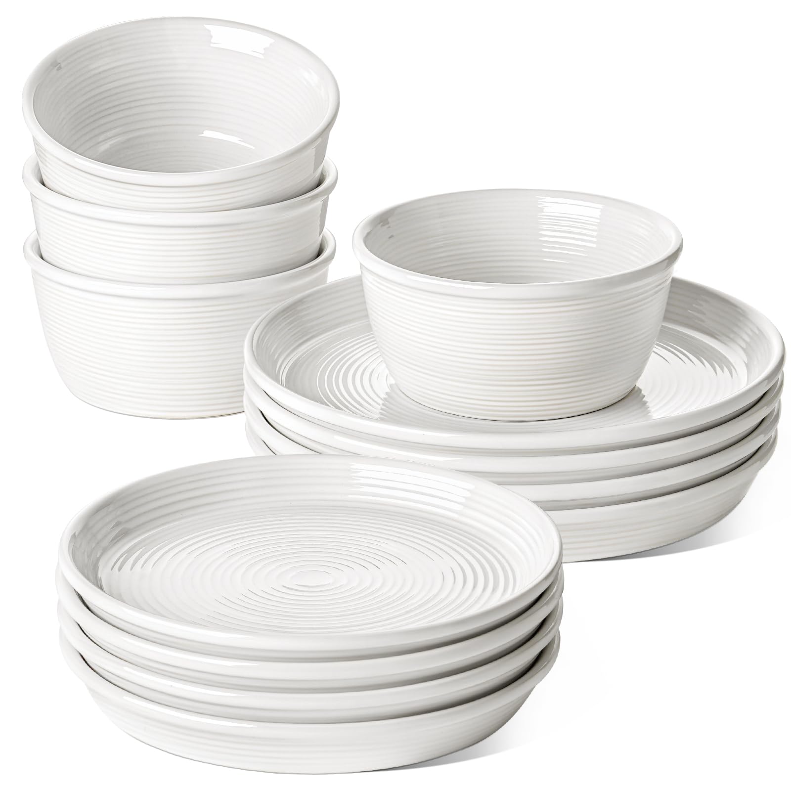 Photo 1 of LE TAUCI Ceramic Plates and Bowls Set for 4, 12-Piece Ceramic Dinnerware Set, Farmhouse Dishes Set, Microwave & Dishwasher Safe, Stackable, 10" Dinner+8" Salad Plates+6" Bowls, White