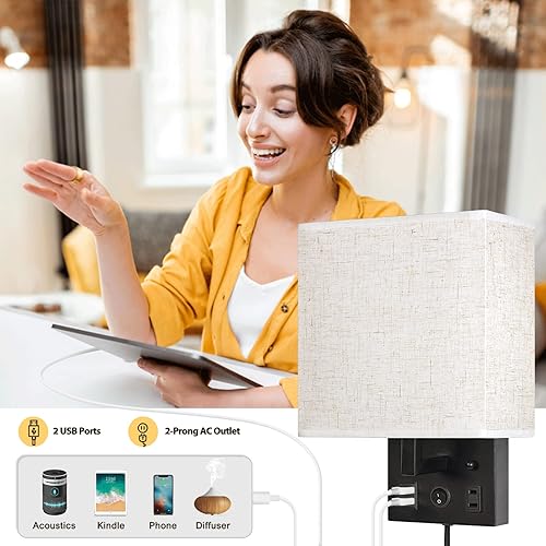 Miniatura 9 de CADUKE Juego de 2 apliques de pared enchufables dorados con cable enchufable, lámpara de pared de cabecera con puertos de carga USB y enchufe de