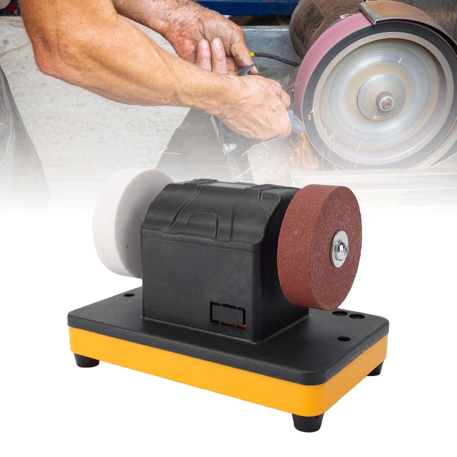 Generic Mini Smerigliatrice da Banco Potente Lucidatrice per Affilare Utensili Piccola Levigatrice Elettrica Portatile Adatta per Batteria 18V Giallo