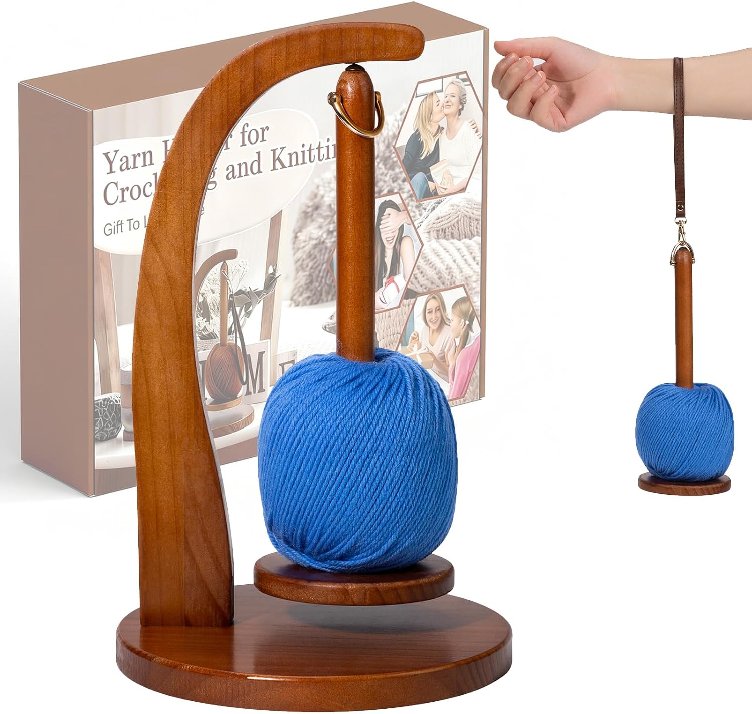 Yarn Holder for Crocheting Wooden Spinner with Magnetic Rotation | Portable 2-in-1 Design with Detachable Wristband,Solid Wood Construction,Tangle-Free Feeding,Gifts for Knitters & Crocheters