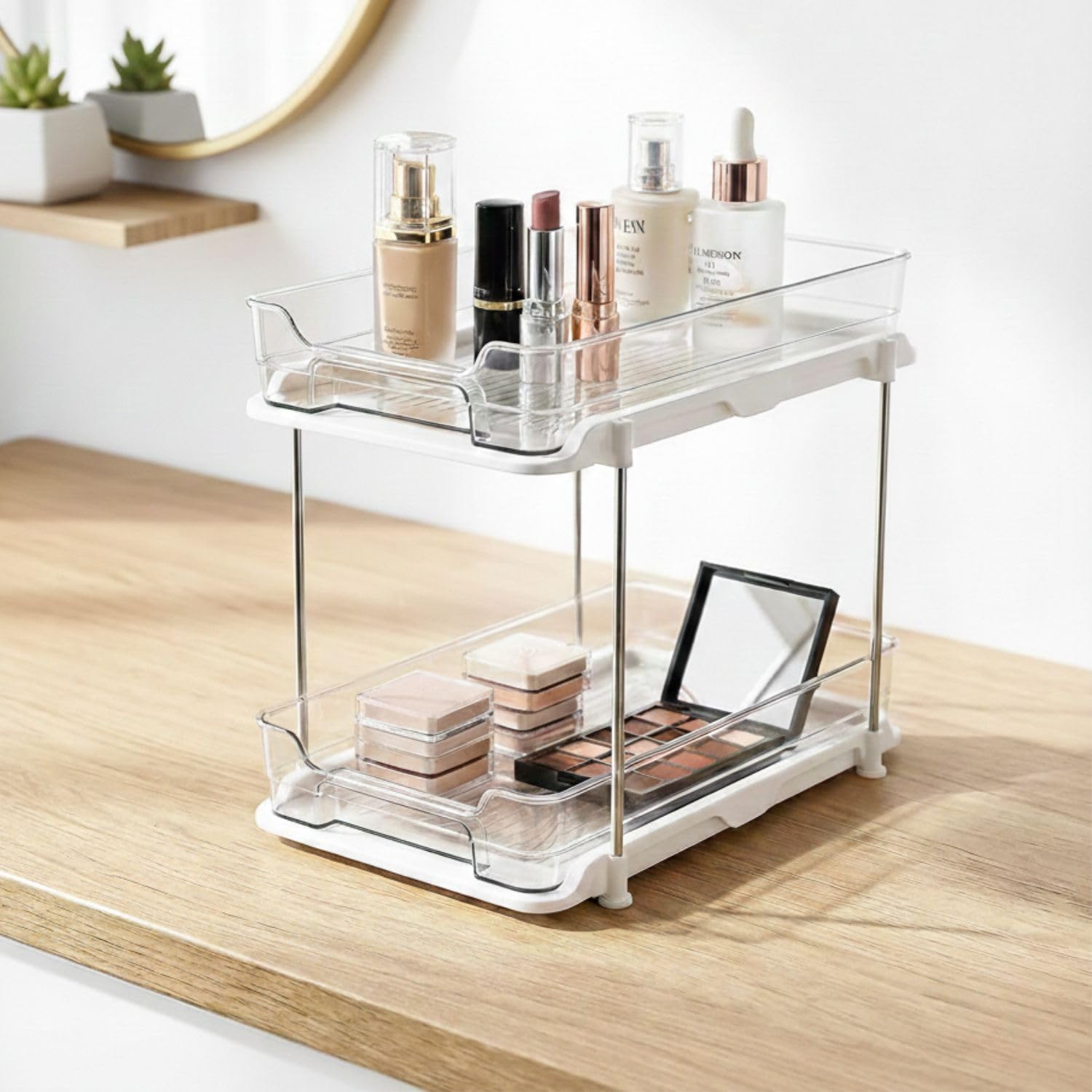 2 Tier Cosmetics Drawer Organizer, Vanity Countertop Storage Container, Sink Organiser, Bathroom Medicine Cabinets, Plastic Drawers for Lipsticks, Nail Polishes,Dressing Table,Perfume-Clear-picture-19