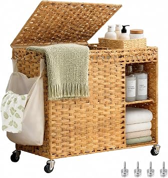 Wicker Laundry Hamper with Wheels, 160L Washing Basket with Lid | 2 Section Handwoven Laundry Basket for Bathroom and Bedroom, Rattan Laundry Sorter with 2 Removable Liners & 1 Bag, Natural