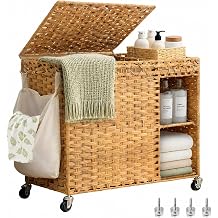 Wicker Laundry Hamper with Wheels, 160L Washing Basket with Lid | 2 Section Handwoven Laundry Basket for Bathroom and Bedroom, Rattan Laundry Sorter with 2 Removable Liners & 1 Bag, Natural