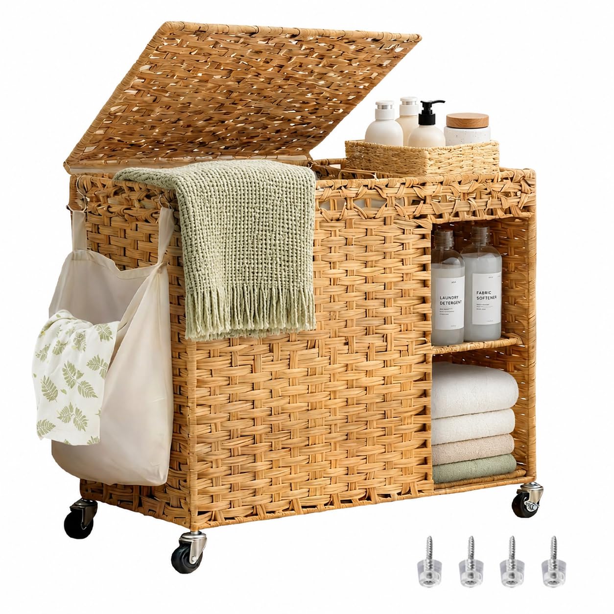 Klippehop Wicker Laundry Hamper with Wheels, 160L Washing Basket with Lid