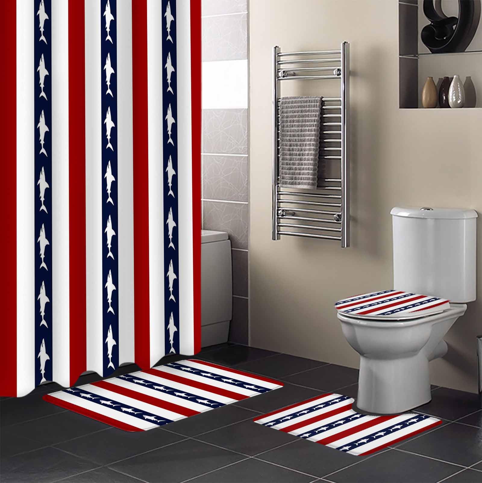 Coastal Shark Bathroom Set with Shower Curtain and Rug Accessories - 36x72 Inches Long Ocean Red Navy Blue White Stripe Geometric Stall Curtain Waterproof with Large Bath Mat,Washable Runner Rug Set
