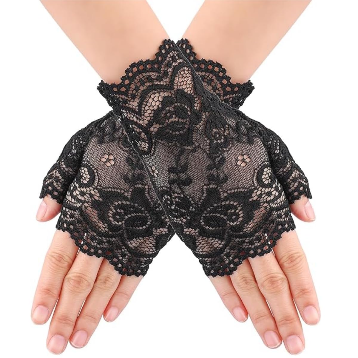 Samheng Women's Black Elegant Lace Fingerless Gloves - Floral Bridal, Sun Protection Wrist Length, Vintage 1930S Opera Style For Evening Wedding Tea Party Prom Cosplay