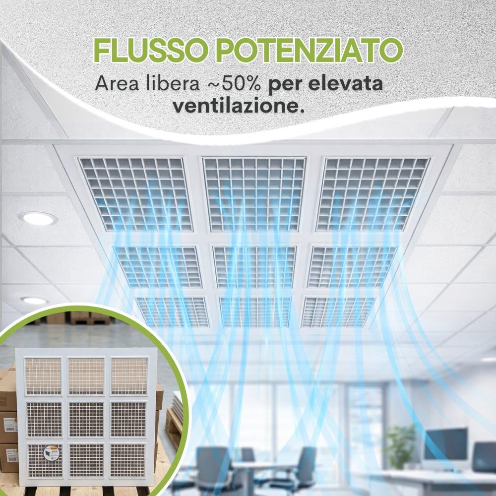 Griglia di Ventilazione XXL 60×60 cm per Soffitto – Diffusore Aria Mandata e Aspirazione | Controsoffitto Modulare e Cartongesso | Plastica Tecnica | Area Libera ~50% | Parte Interna Removibile - RS
