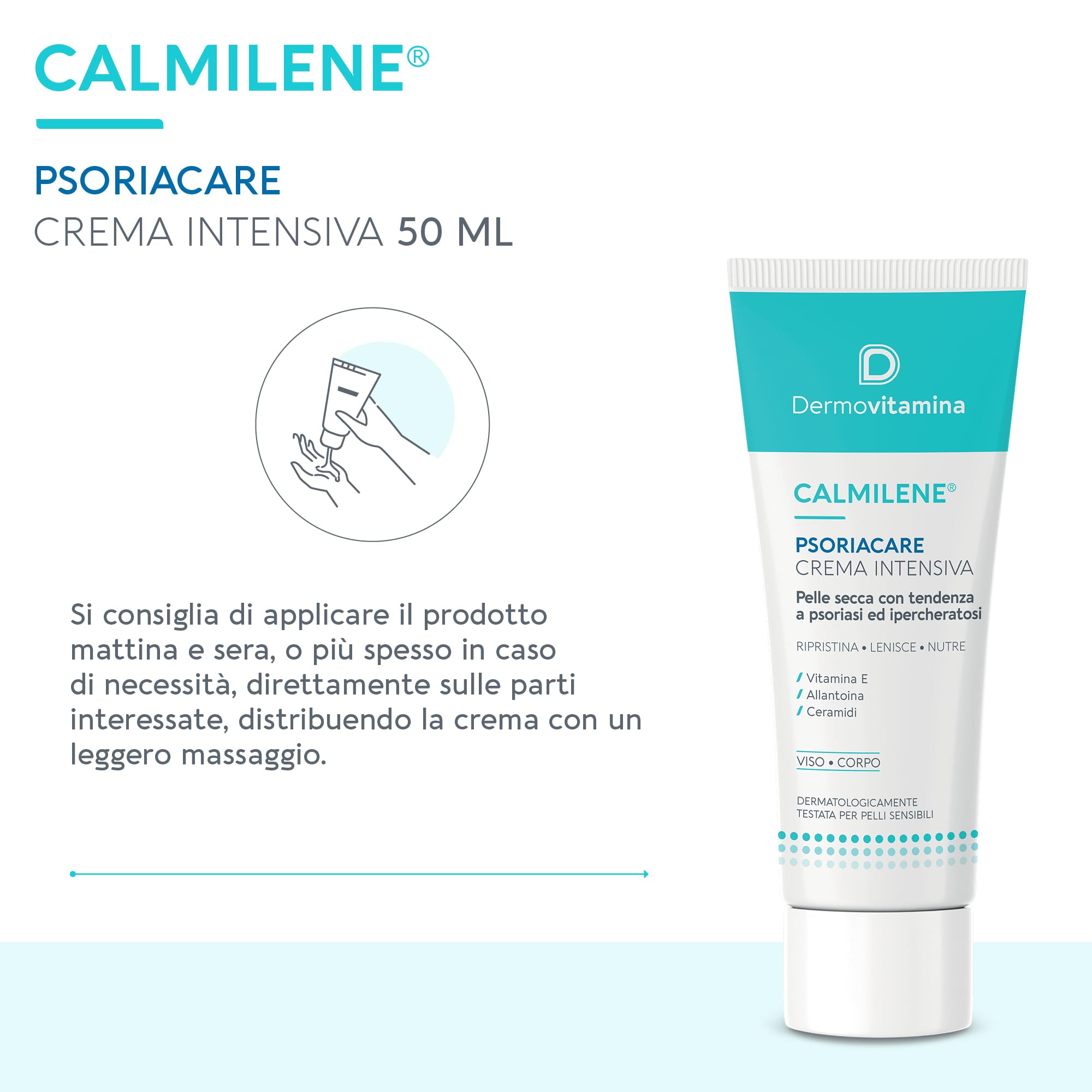Dermovitamina Calmilene Psoriacare Crema Intensiva - Con Vitamina E e Ceramidi - Per la Pelle con Prurito, Arrossamento e Disquamazione - Con tendenza a Psoriasi e Ipercheratosi Cutanea - 50 ml