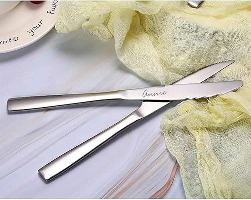 Miniatura 4 de Juego de cubiertos personalizados, juego de cubiertos, incluye 4 cuchillos, 4 tenedores, 4 cucharas, pulido con espejo, los nombres personalizados