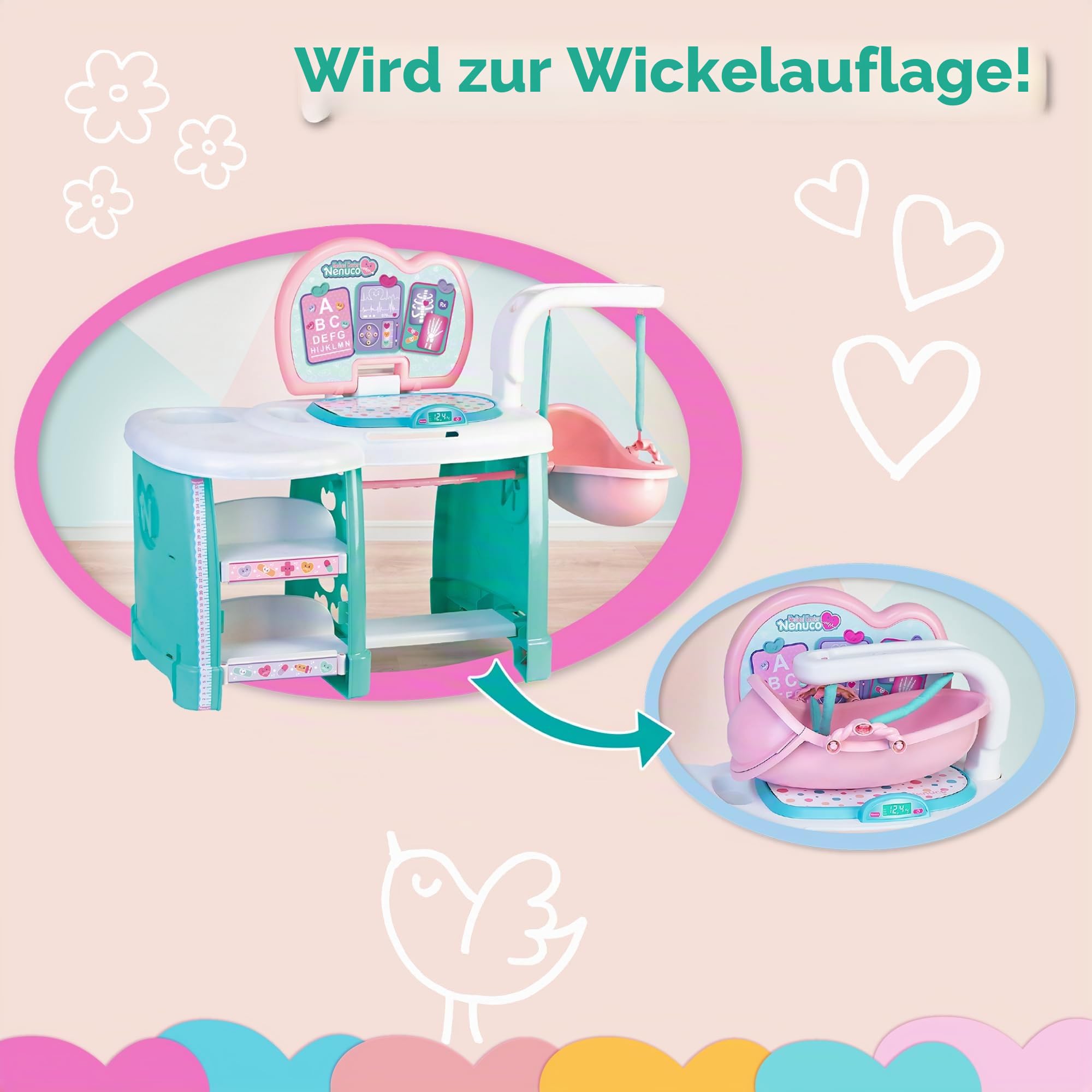 Nenuco Medical Center, Puppe 35 cm Fester Körper, 20 Zubehörteile, Intensivstation und vieles mehr, für Mädchen/Kinder ab 3 Jahren, Famosa (NFNA1000)