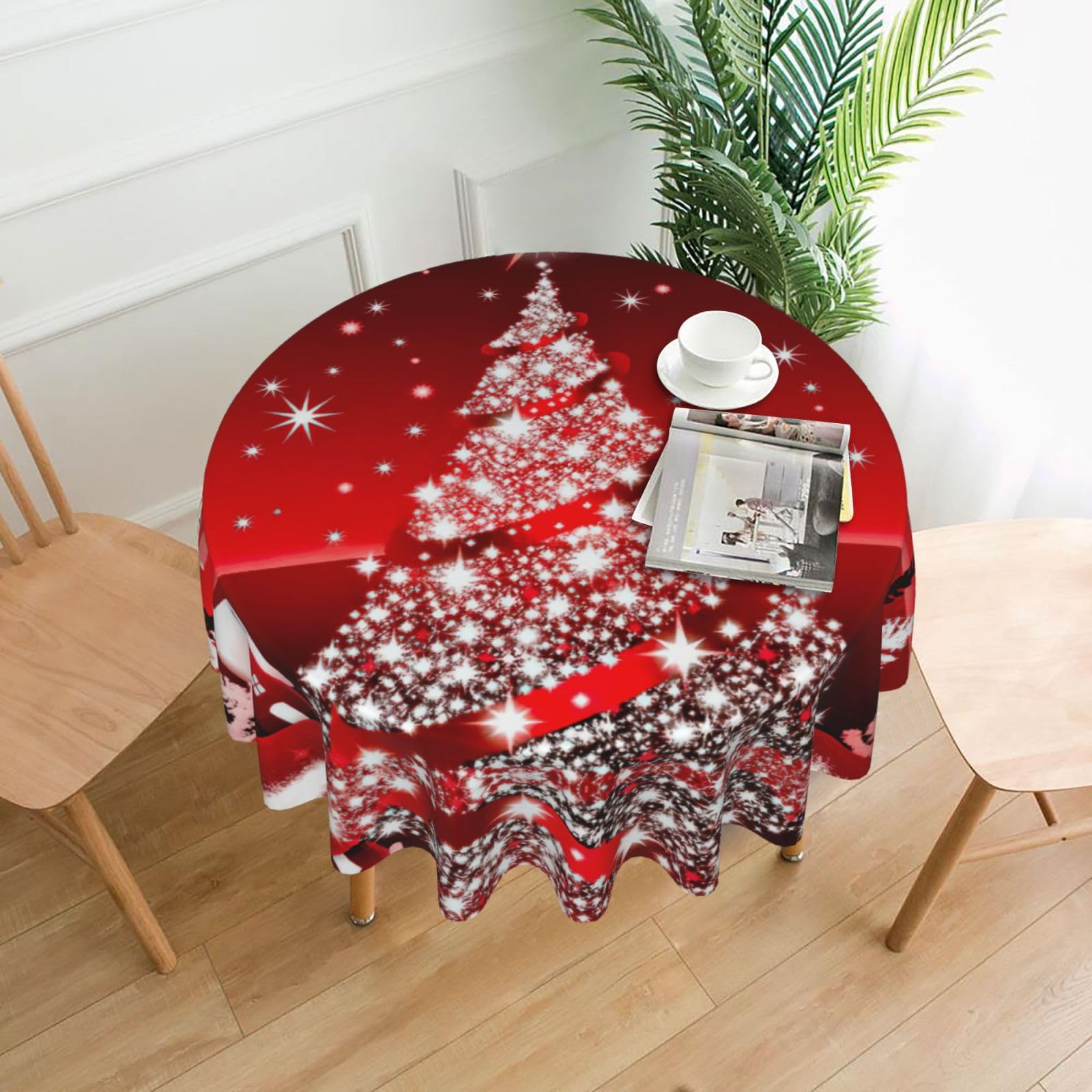 Zcmkjlg Christmas Tree Red Print Quick Ship Round Tablecloth 60in Polyester Washable Cover for Dining Room
