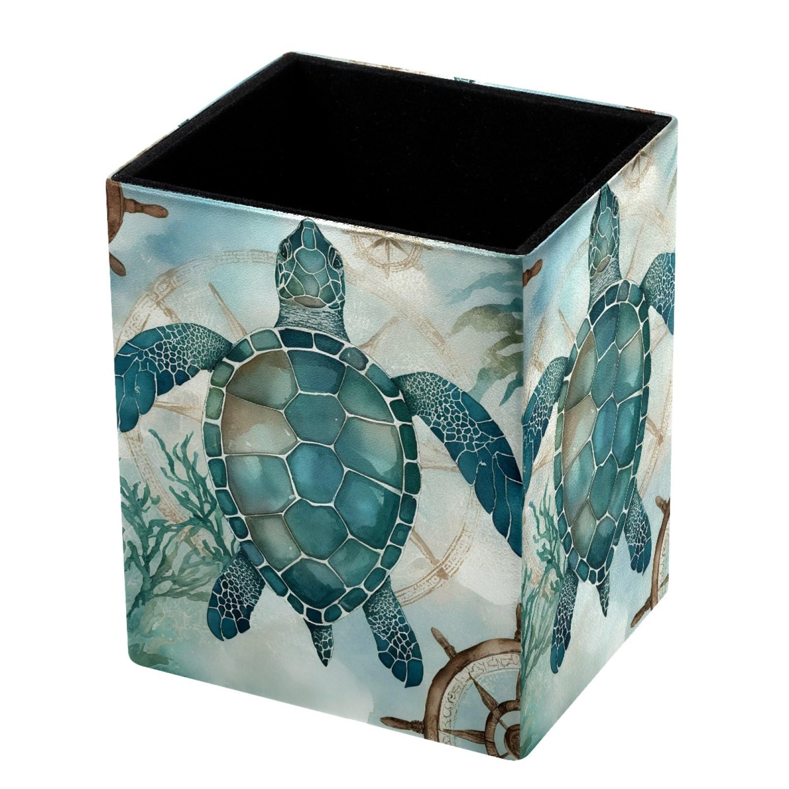 FWJZDSP Vintage Ocean Turtle PU Leather Pencil Organizer, Makeup Brush Holder, Office Decor and Desk Accessories Durable