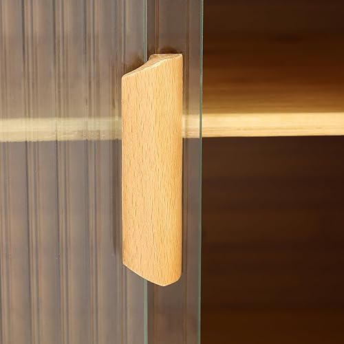 Miniatura 6 de Armario de cocina de bambú de 3 niveles, pequeño aparador de despensa de cocina con 2 puertas de vidrio, gabinete de almacenamiento para botellas,