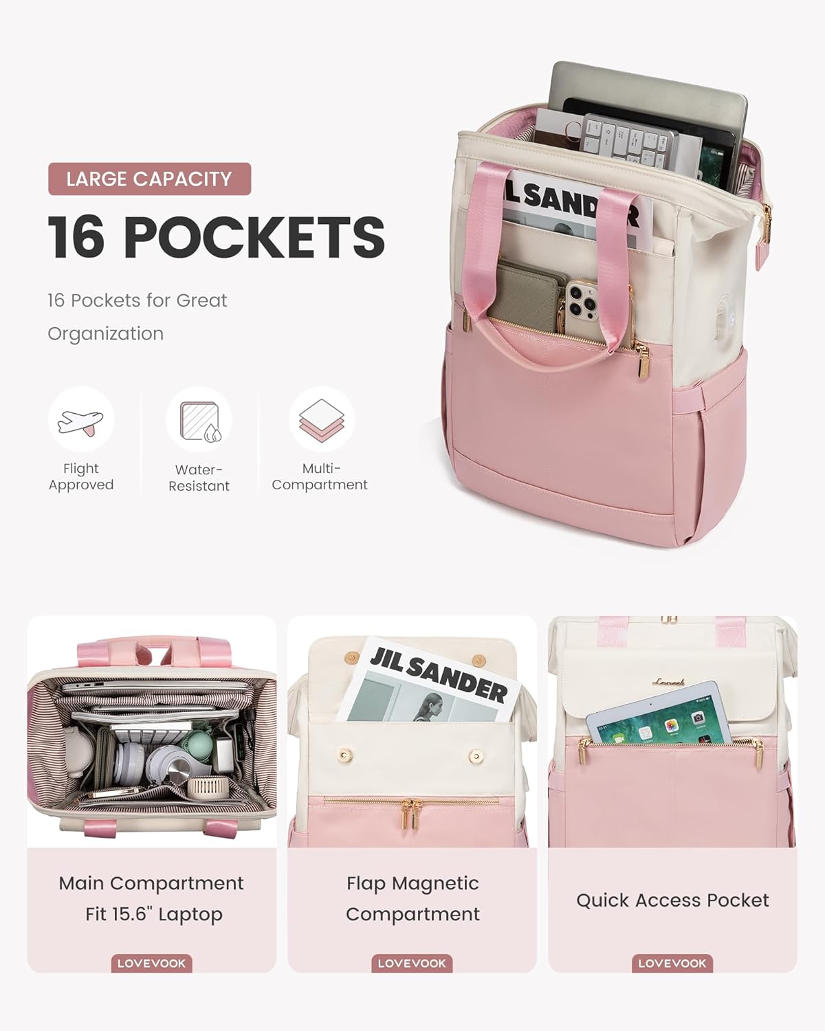 LOVEVOOK Laptop Backpack for Women, 15.6 Inch Work Laptop Bag with USB Port, Fashion Teacher Nurse Backpack Purse, Waterproof Travel Computer Backpack with Organizer Bag, 2PCS, Beige-Pink - Image 2