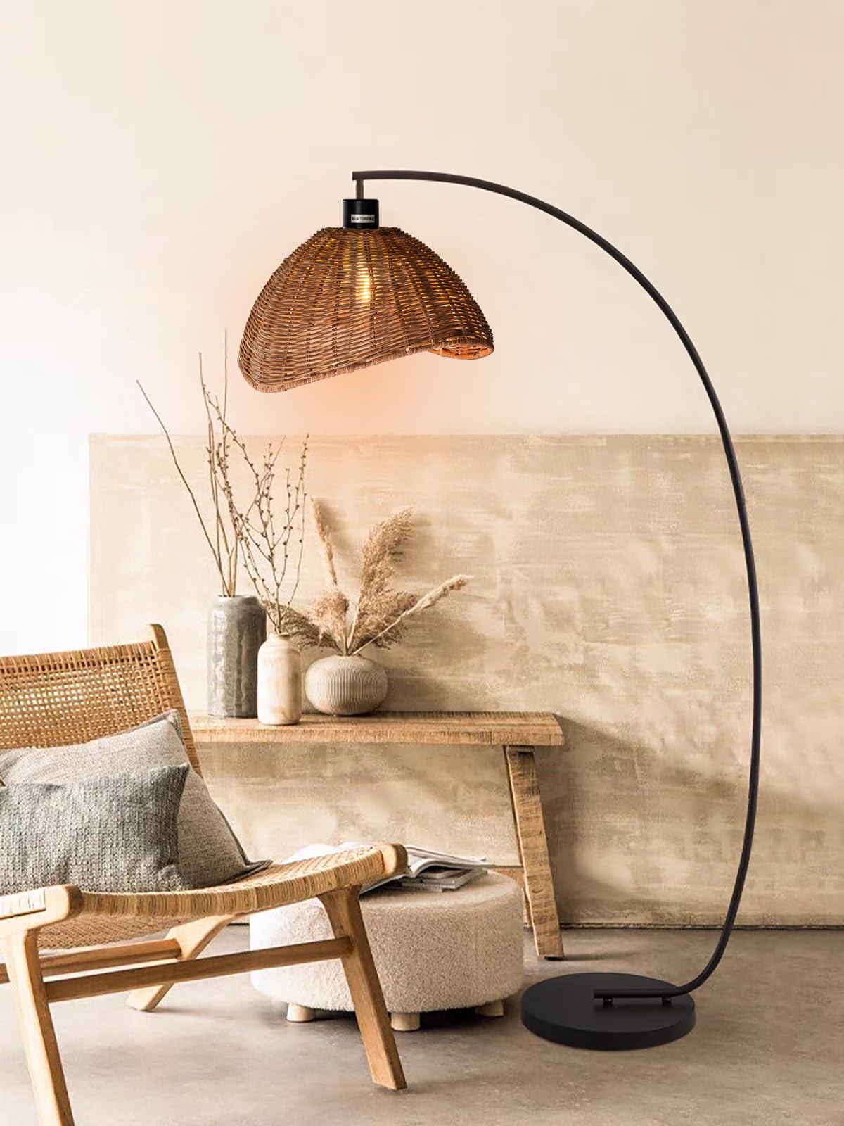 Paralume rustico in rattan con paralume intrecciato a mano per lampada a sospensione, rotondo, E27, design boho, colori naturali (1, verde scuro/marrone)