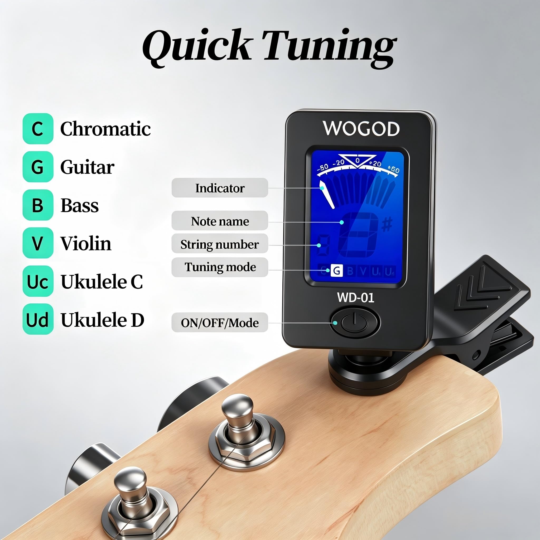 Afinador de guitarra con clip para ukelele y violín, afinador cromático para bajo, afinador de guitarra eléctrica y acústica