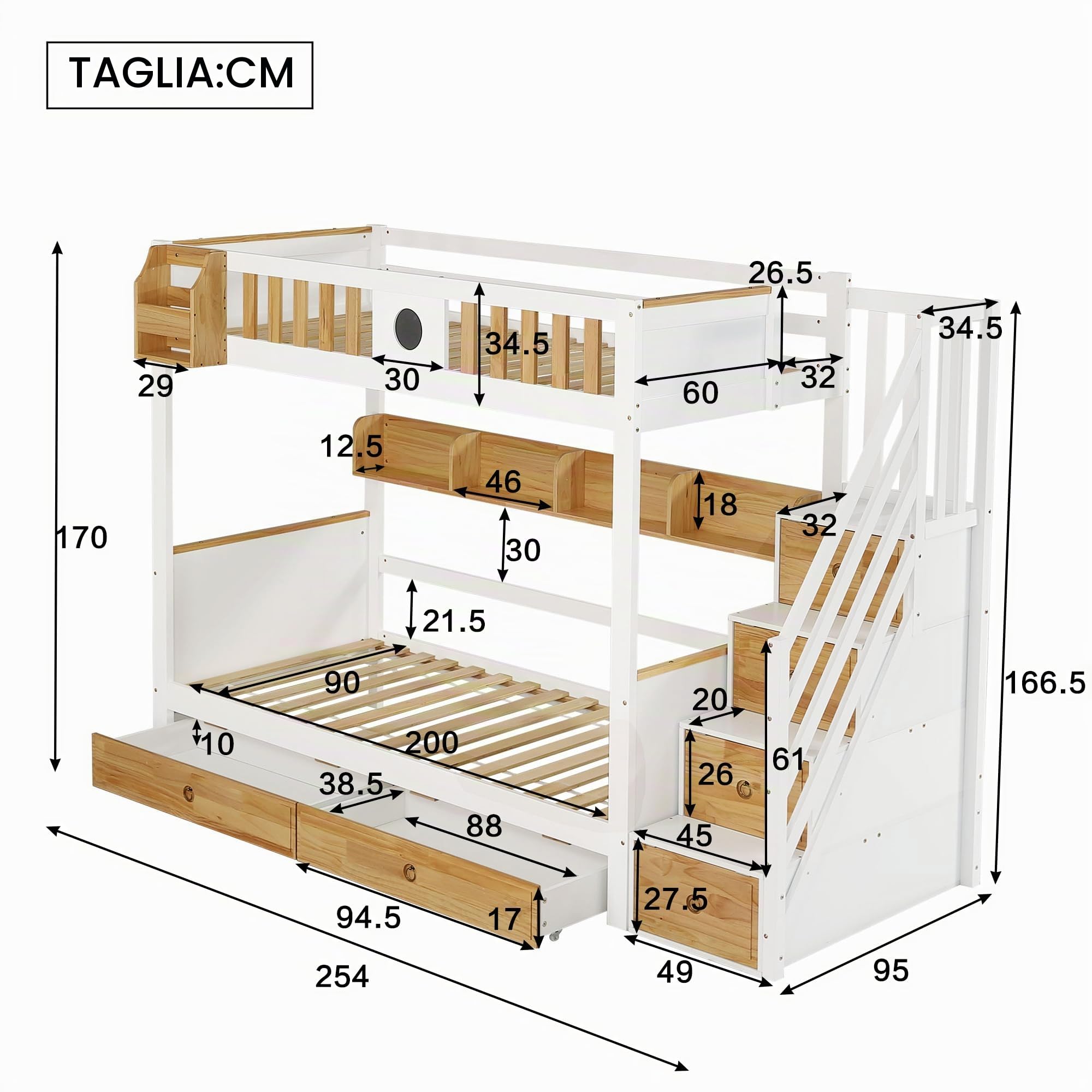 Letto a castello 90 x 200 cm, con lavagne, scale con vano portaoggetti e cassetti, letto a soppalco per 2 bambini, letto a soppalco con rete a doghe e protezione dalle cadute, senza materasso
