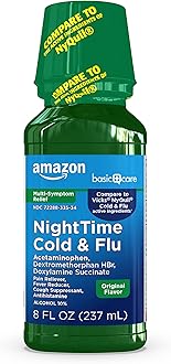 Amazon Basic Care Nighttime Cold & Flu Relief, Pain Reliever, Fever Reducer, Cough Suppressant & Antihistamine Liquid, Original Flavor, 8 fl oz (Pack of 1)