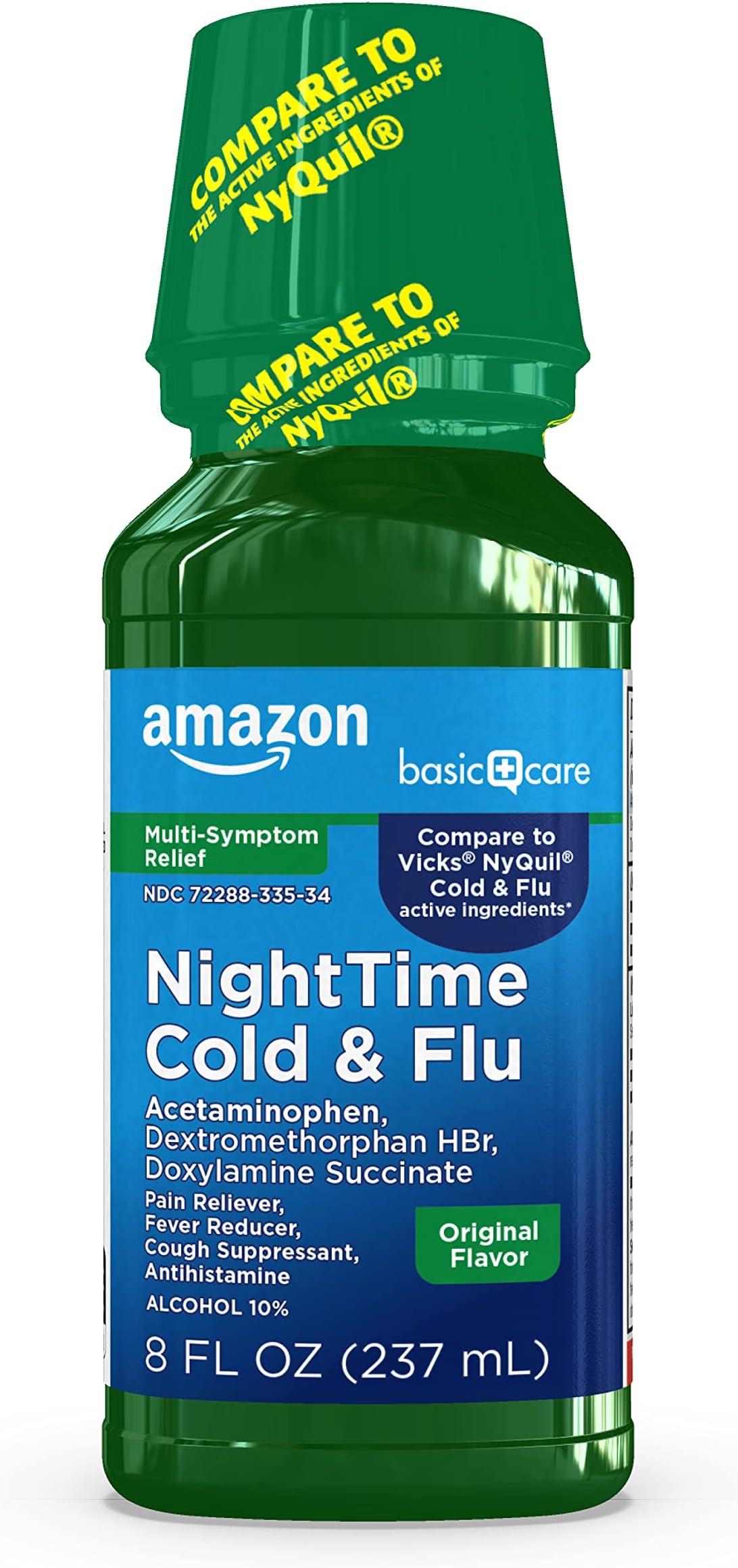 Nighttime Cold & Flu Relief, Maximum Strength Multi-Symptom, Sore Throat, Cough, Fever Reducer, Pain Reliever & Antihistamine Liquid, Original Flavor, 8 fl oz (1-Pack)