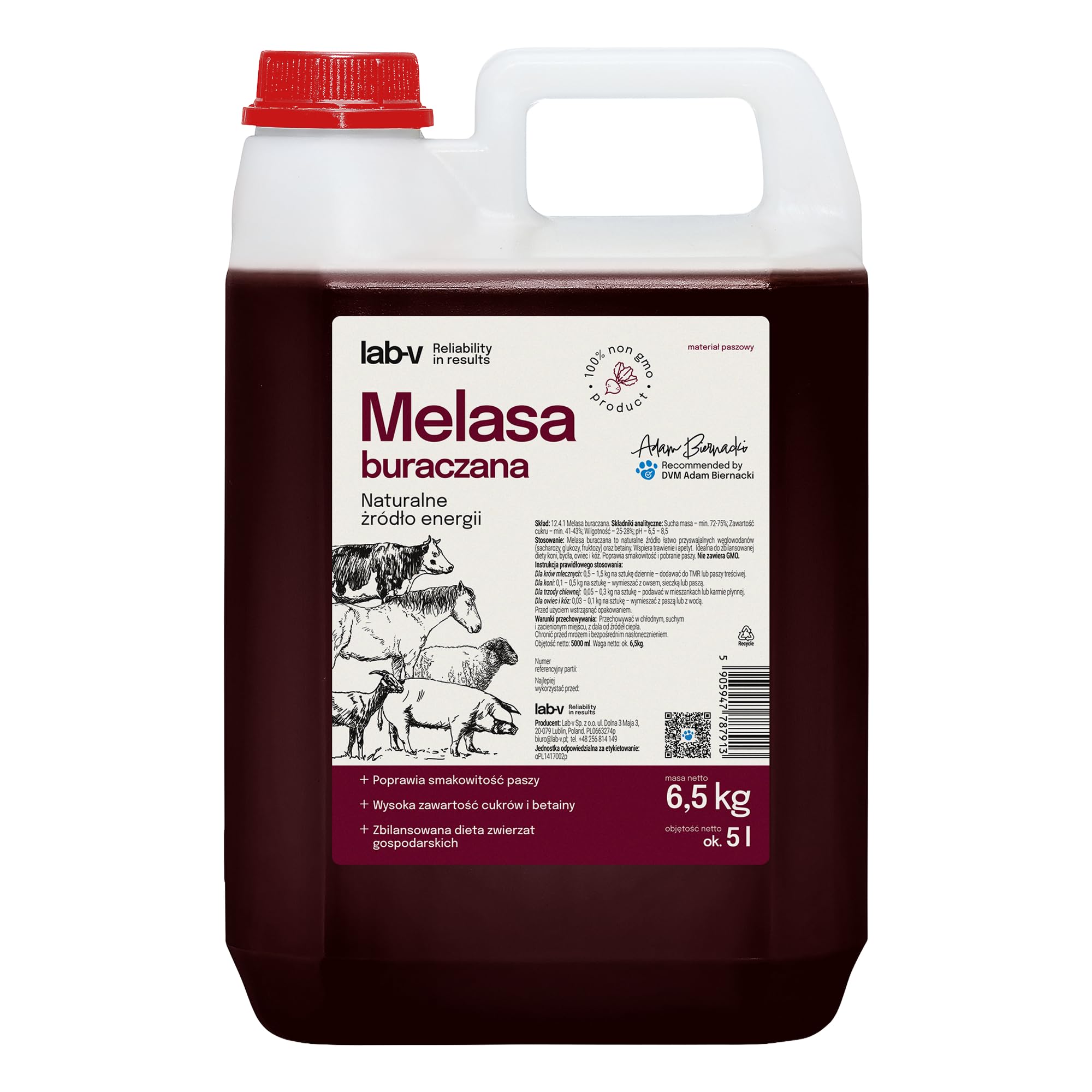 Lab-V Melaza de remolacha azucarera 5 L (6,5 kg aprox.) – pienso para caballos, bovinos, ovinos, cabras y cerdos – Melaza líquida para complemento alimenticio