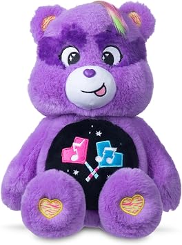 Basic Fun Care Bears 22cm Rock Theme Plush   Share Bear Eco-Friendly Soft Toy with Lightning Belly Badge   Collectible Plush for Kids & Fans, Purple, 14"