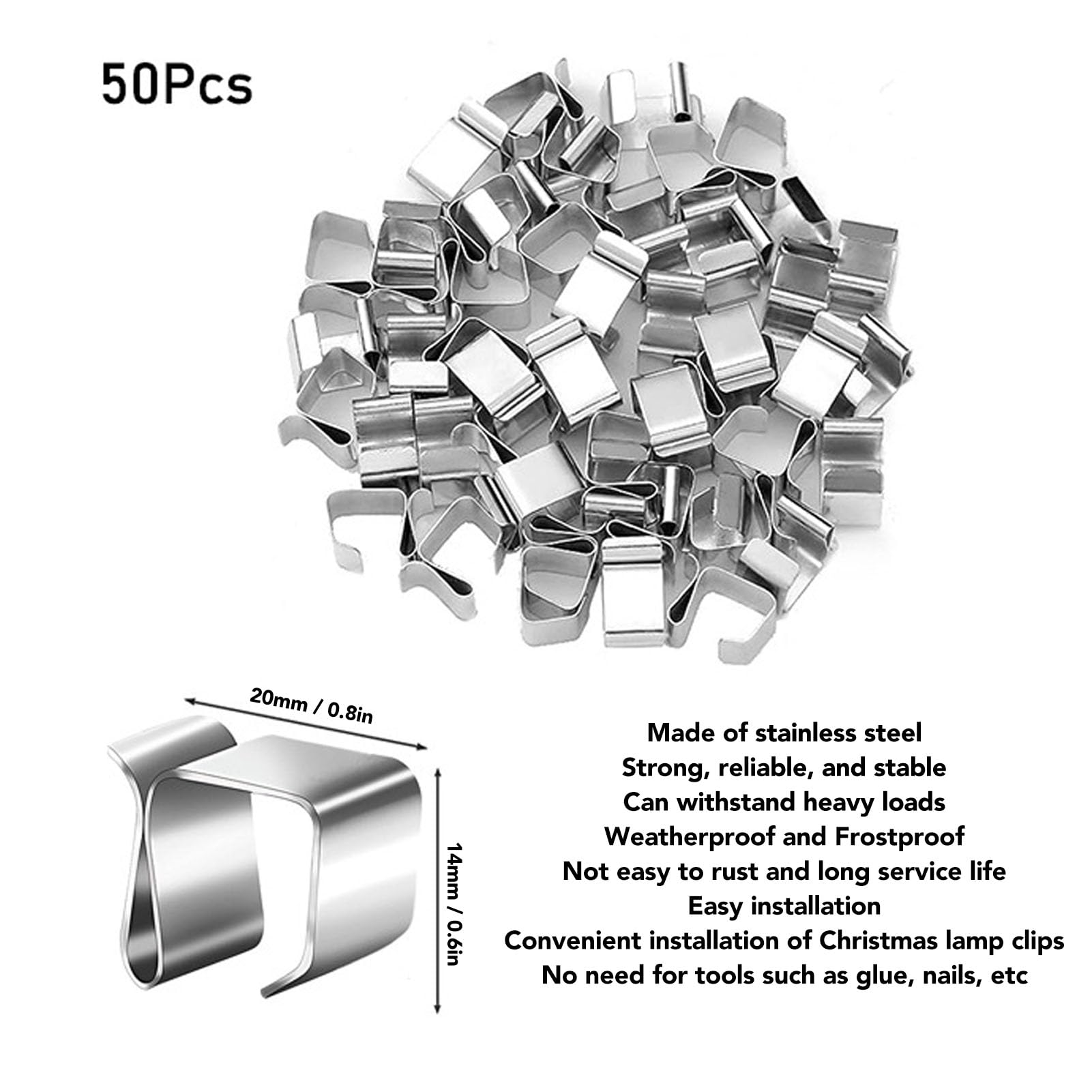 equlup Christmas Lights Gutter Hooks, 50Pcs Stainless Steel Christmas Decoration String Lights Clips Lamp Cord Holders for Seasonal Celebration Decoration (Large for <50KG Dog 200x130x65mm)