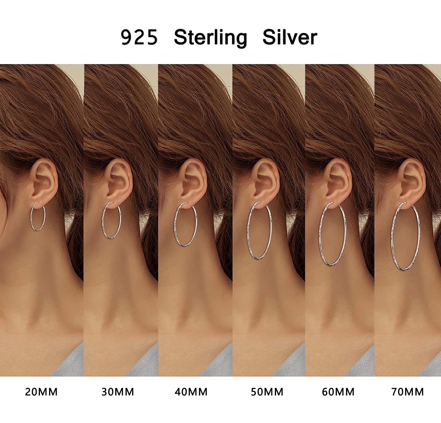 Boucles d'oreilles créoles sans fin en argent sterling 925 pour femmes et filles 20, 30, 40, 50, 60 mm