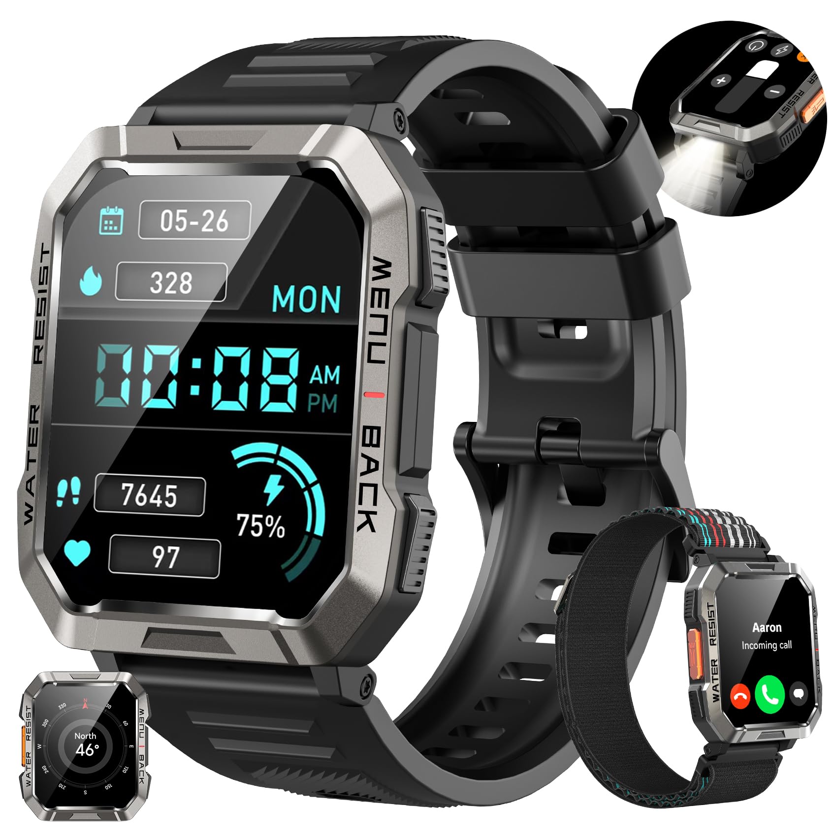Reloj Inteligente Hombre, Smartwatch Hombre con Linterna y Brújula, Smartwatch con Llamadas Bluetooth, Batería Grande de 900 mAh, 100+ Modos Deportivos, Pulsera Actividad Impermeable IP68 ClimeCo Certified