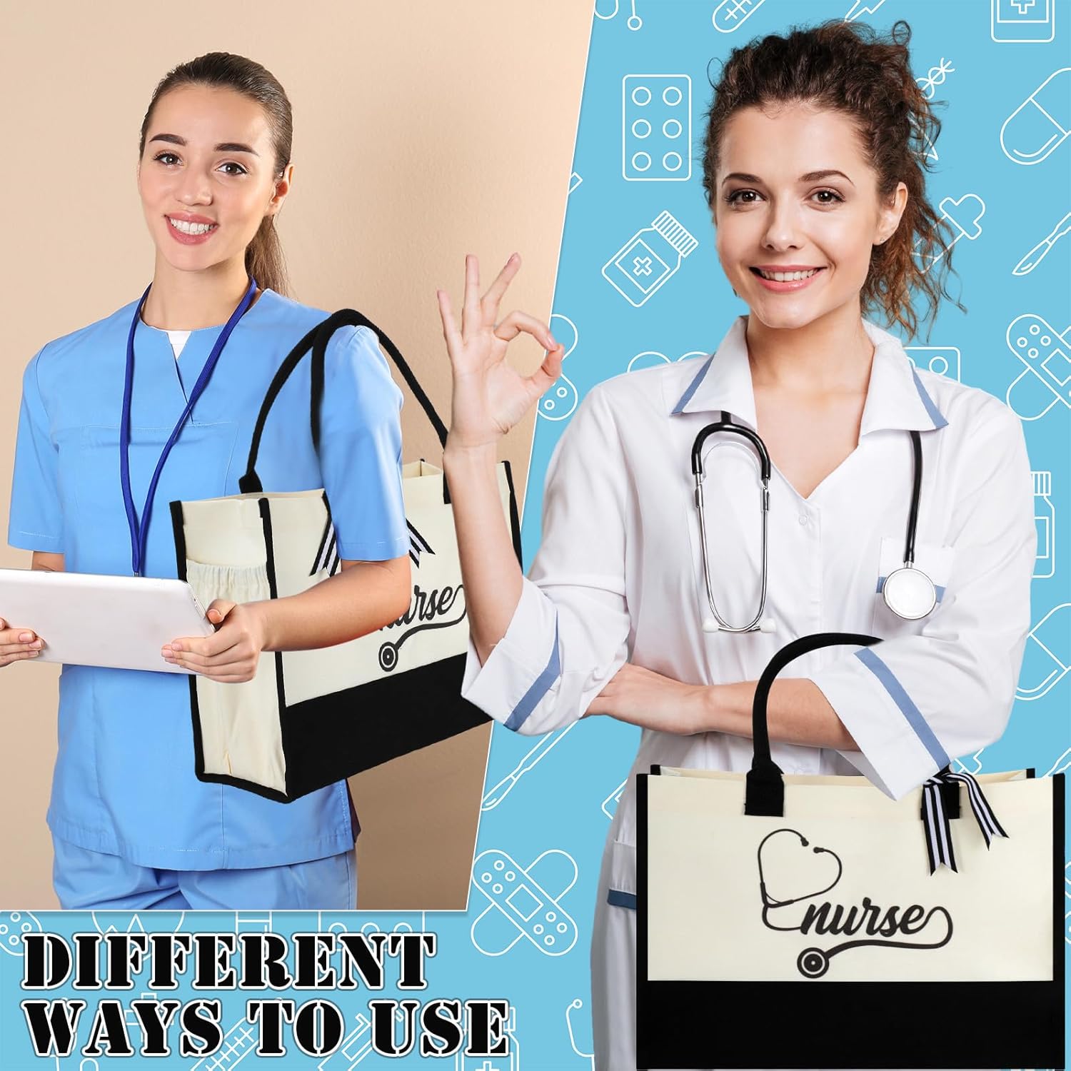 4 Pieces Nurse Tote Bag Nurse Gifts Canvas Bag Nurse Appreciation Makeup Bag for Work, Shopping, Beach, Travel