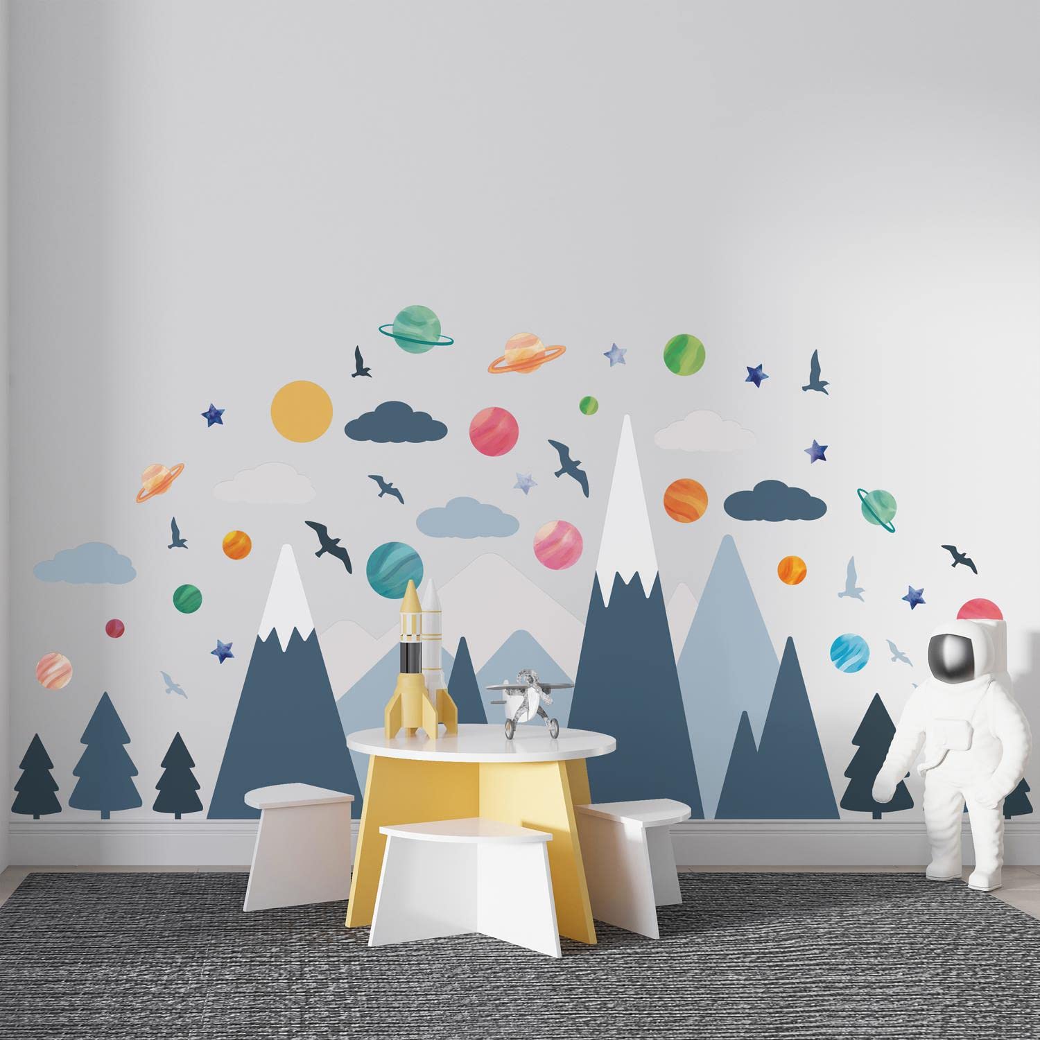 WALPLUS Blue Mountains Wall Stickers for Kids Rooms Nursery Decor, Playroom & Bedroom Planets Wall Decals Peel & Stick Art Mural (143x114cm)