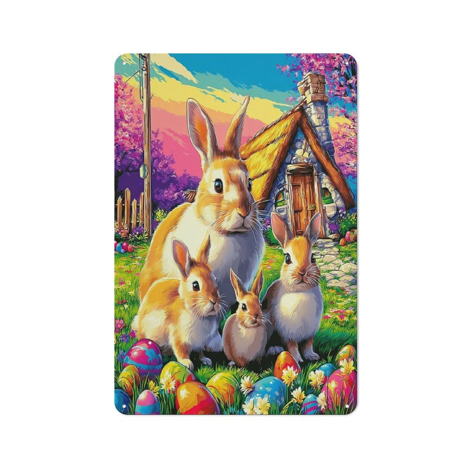 Junmoney Easter Bunny Family Scene Metal Wall Art Sign 30X20cm, Vintage Vintage Wall Decor For Lounge, Study, Pub Or Wall Gallery