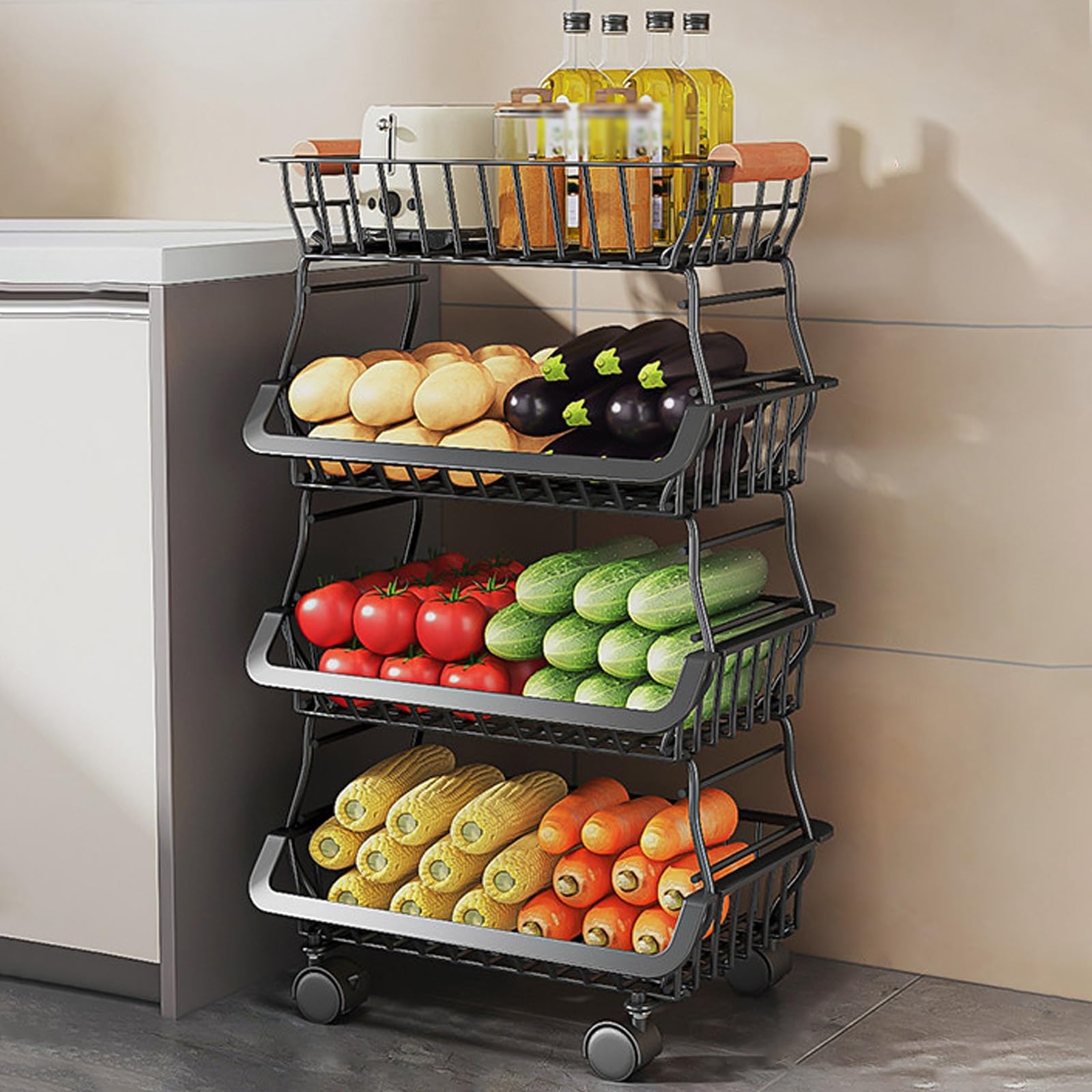 Carrello Organizer da Cucina con Ruote - Scaffale portaoggetti con cestini in Filo Metallico. Scaffale portafrutta e Verdura in Metallo a 3 Livelli con Ruote - Cestini portaoggetti impilabil