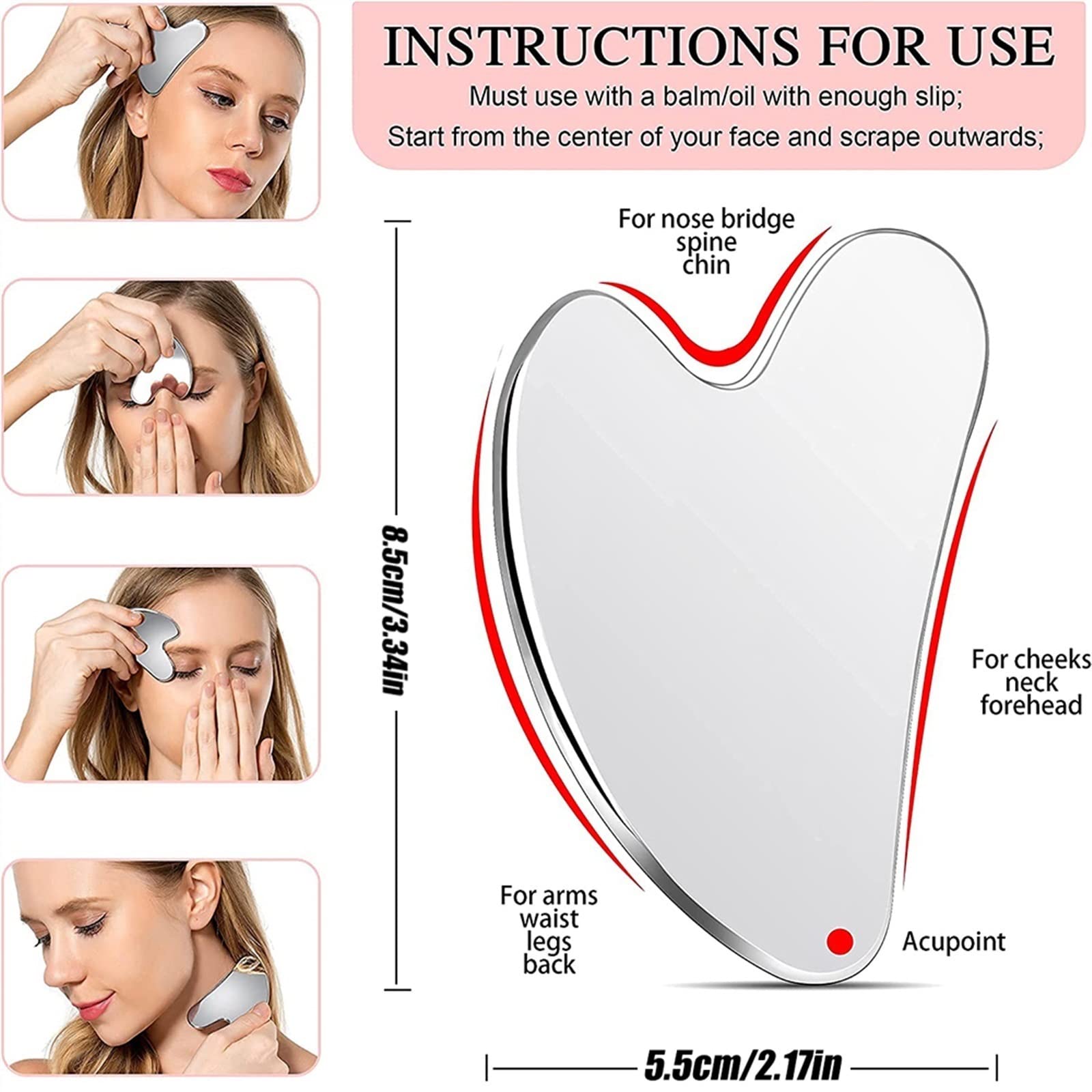 BAWHO Herramientas faciales Gua Sha, Herramienta de Masaje Gua Sha de Acero Inoxidable for la Cara como masajeador Facial o Herramienta for el Cuidado de la Piel, 1 Uds.