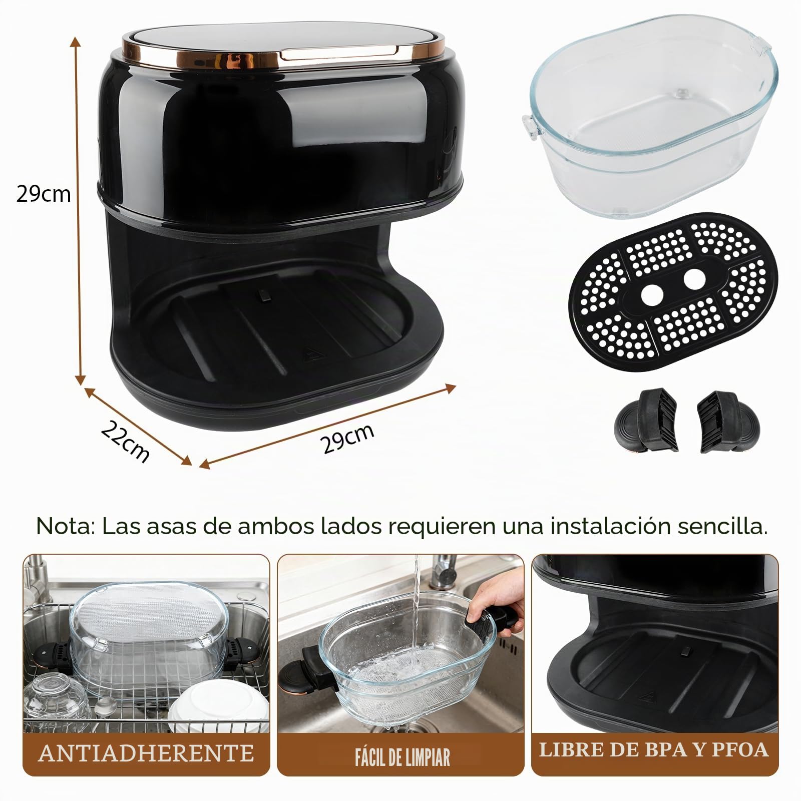 Freidora de aire 5L Airfryer, 9 en 1 con cesta de vidrio y pantalla LED | Con ventana de visualización, temporizador 24 h y cocción saludable con menos aceite, ideal para toda la familia