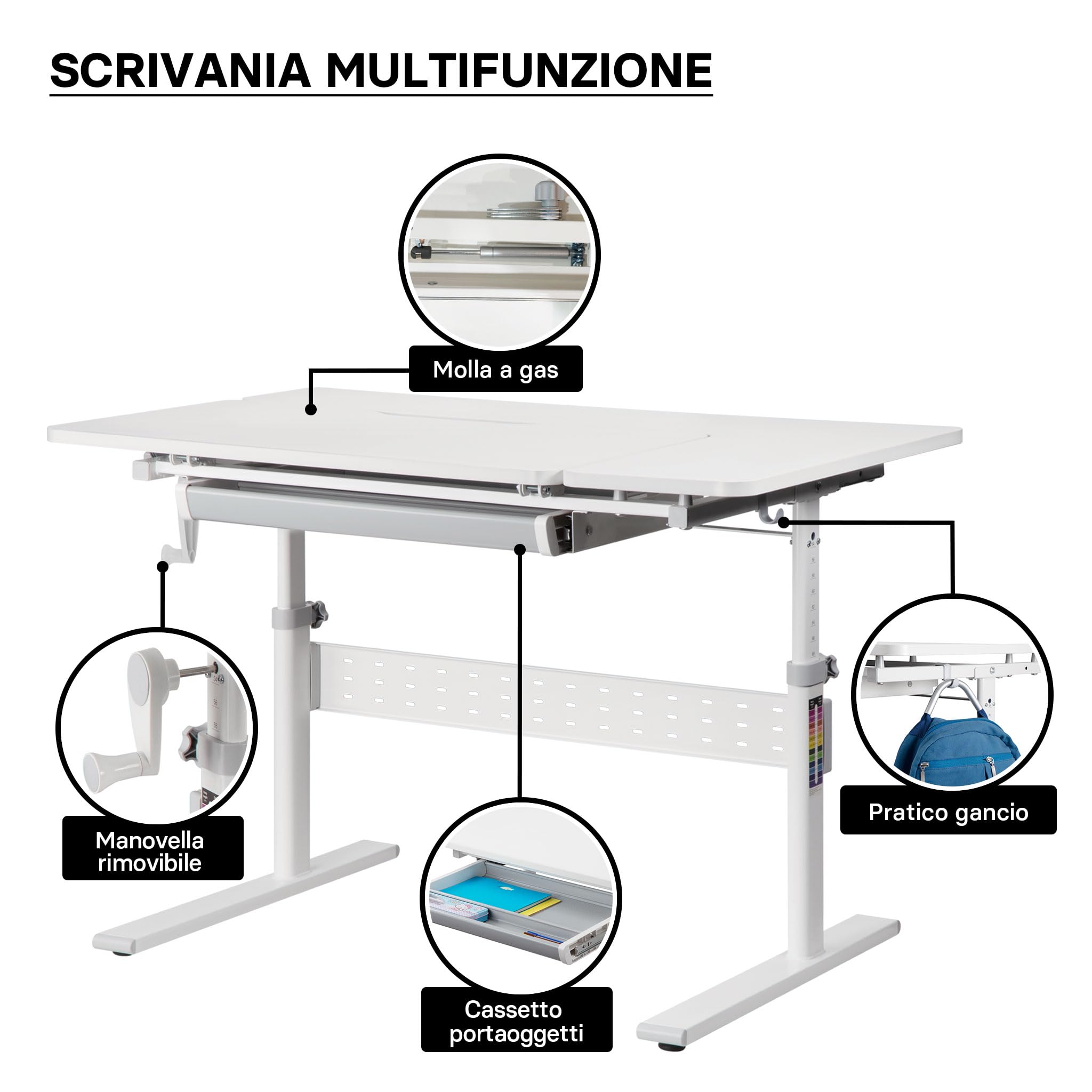 Scrivania per bambini 100x60cm regolabile in altezza e in inclinazione Con manovella