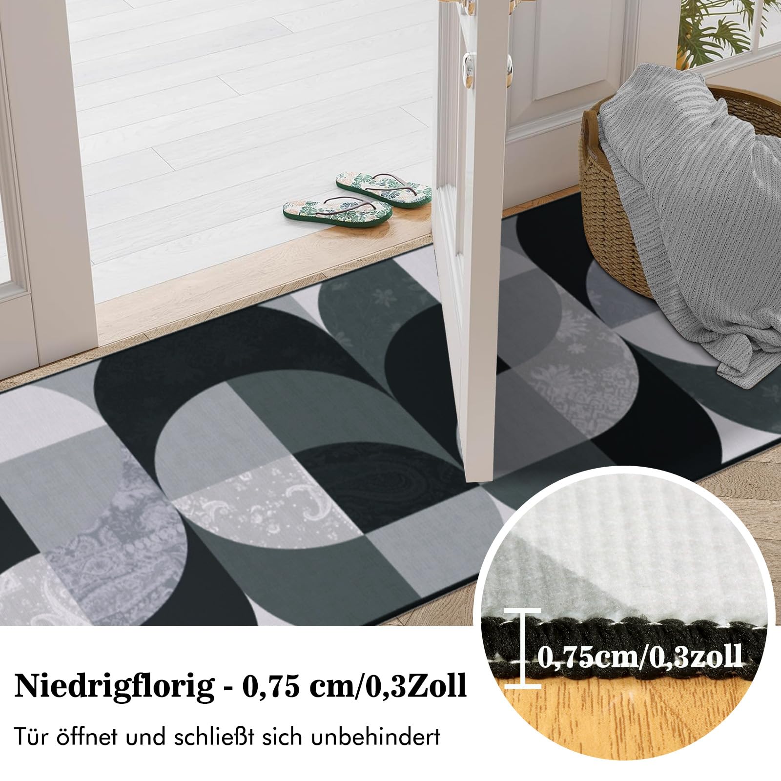 Boho Teppich Läufer Flur 80x300 cm, Schwarz Waschbar Küchenteppich, Geometrischer rutschfester Flurläufer Lang, Weicher Kurzflor Küchenläufer für Eingänge Schlafzimmer Wohnzimmer Korridor Küche