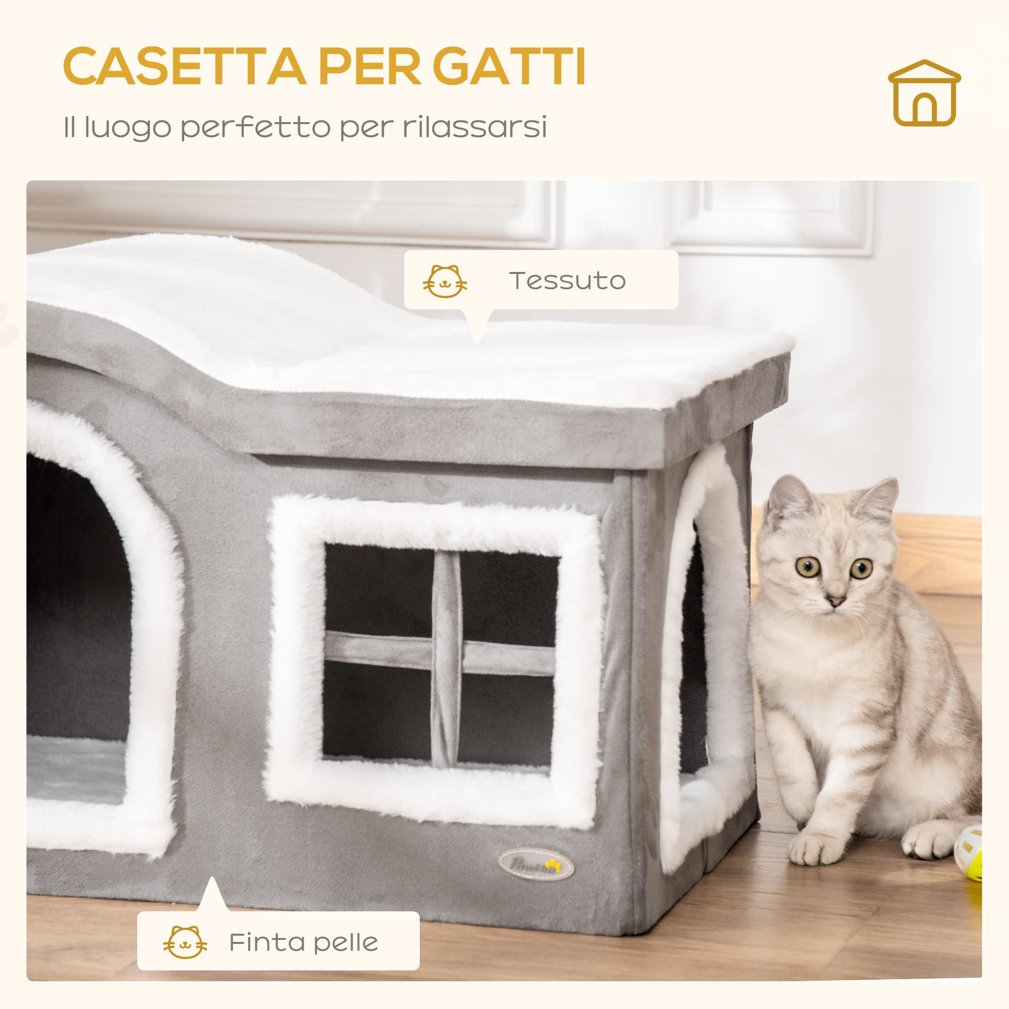 Pawhut Casetta per Gatti da Interno con 2 Entrate e Finestra, Cuscino e Base Antiscivolo, 63.5x37x40cm, Grigio